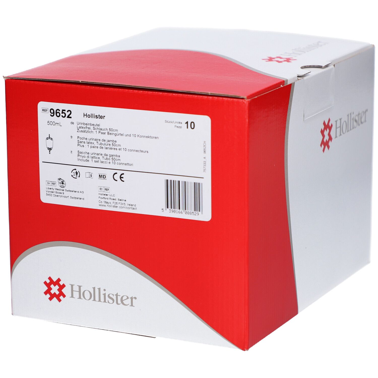 Boîte Hollister blanche et rouge. Inscriptions : 9652, 500ml, 50cm, 10 pièces. Informations, symboles et code-barres.