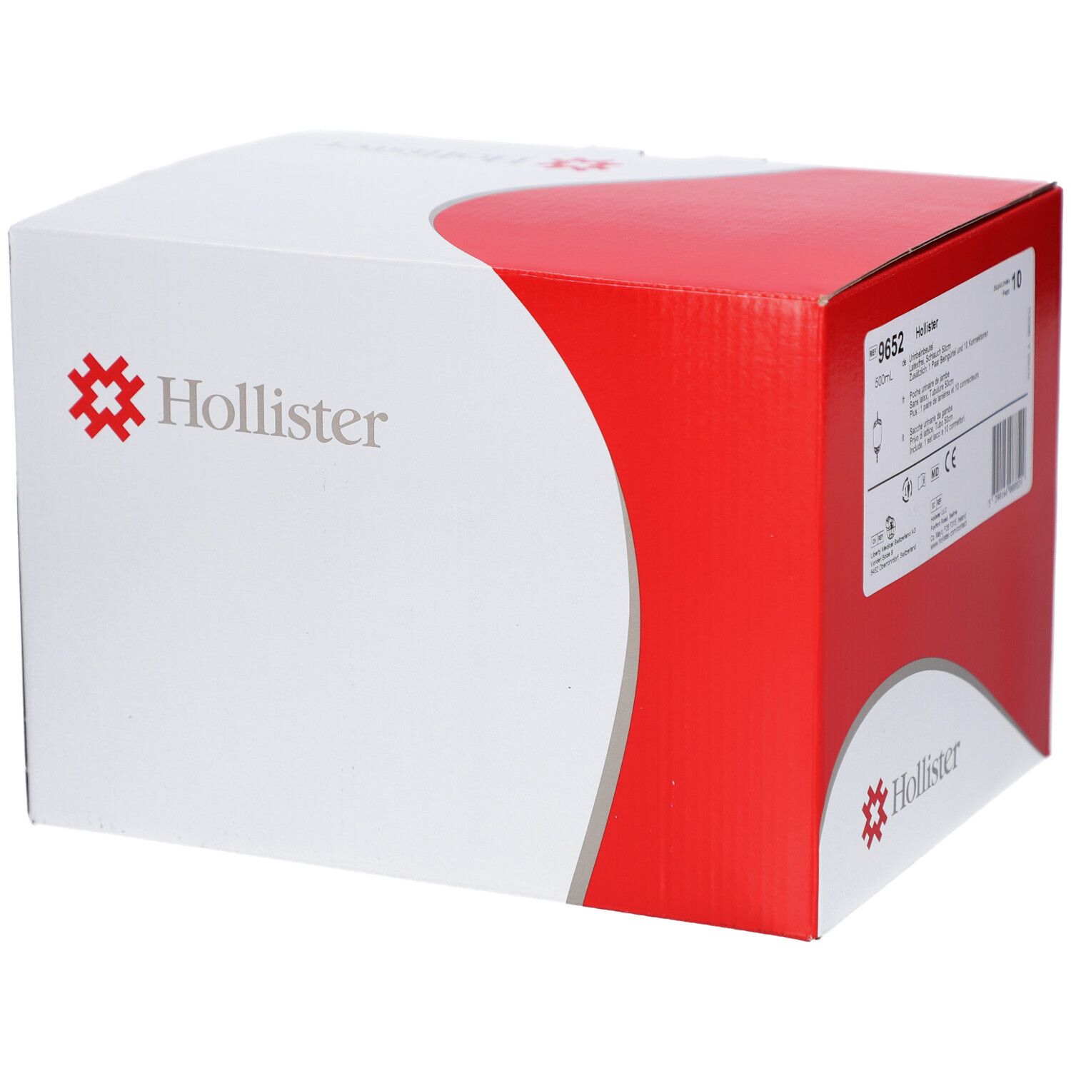 Boîte Hollister blanche et rouge. Inscriptions : 9652, 10 pièces. Informations produit et code-barres.