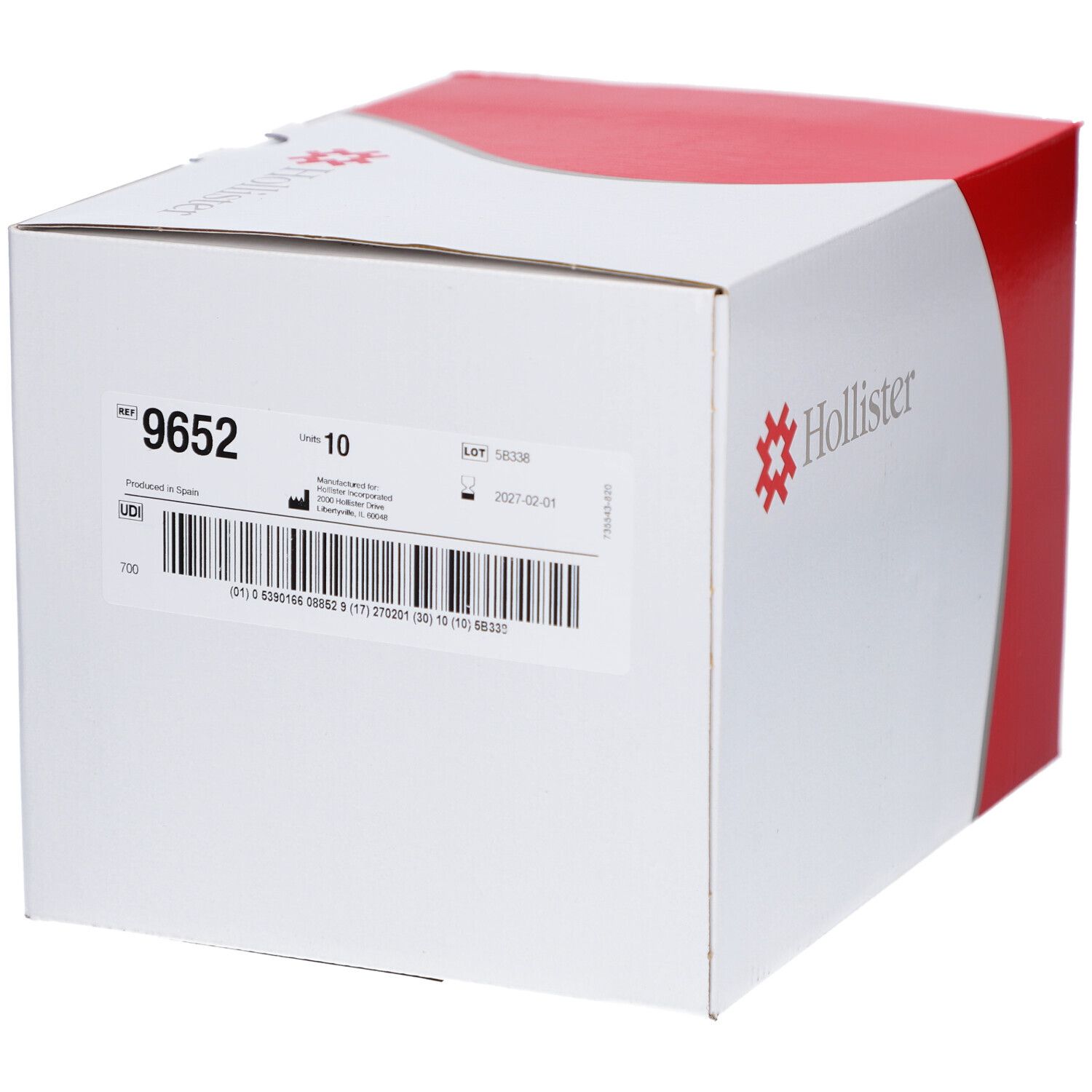 Boîte Hollister blanche et rouge. Inscriptions : 9652, 10 pièces. Code-barres et date de production.