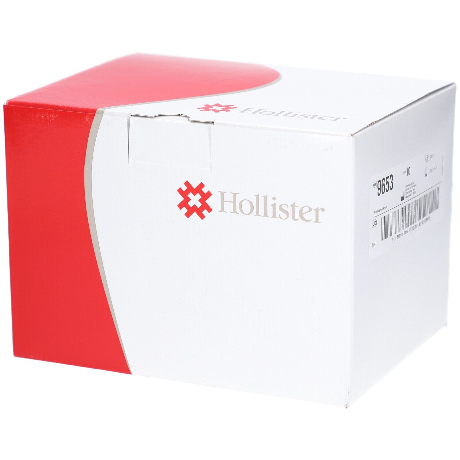 Boîte blanche et rouge avec logo Hollister et numéro 9653.