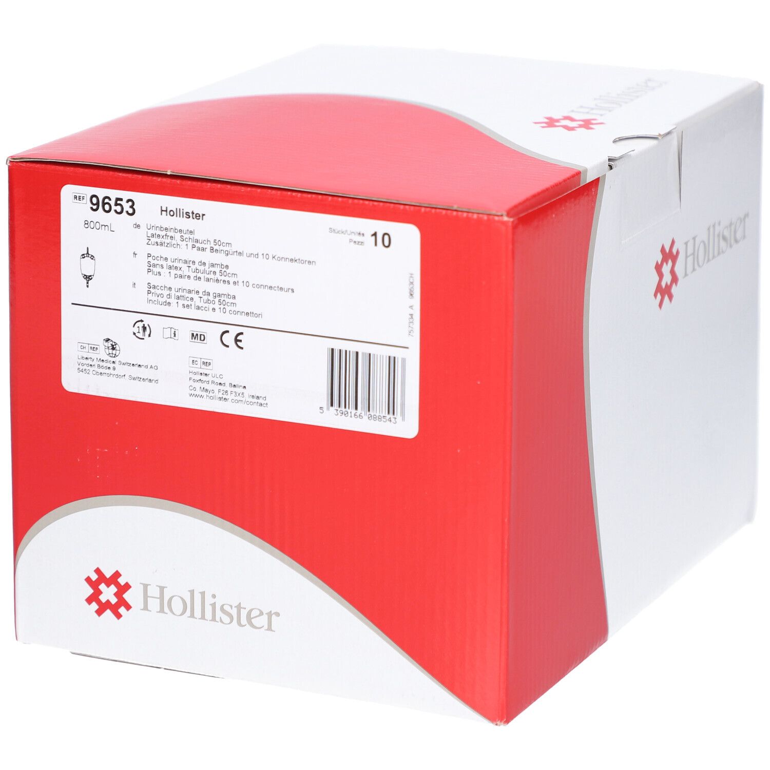 Boîte avec coin rouge. Logo Hollister, informations produit et code-barres.