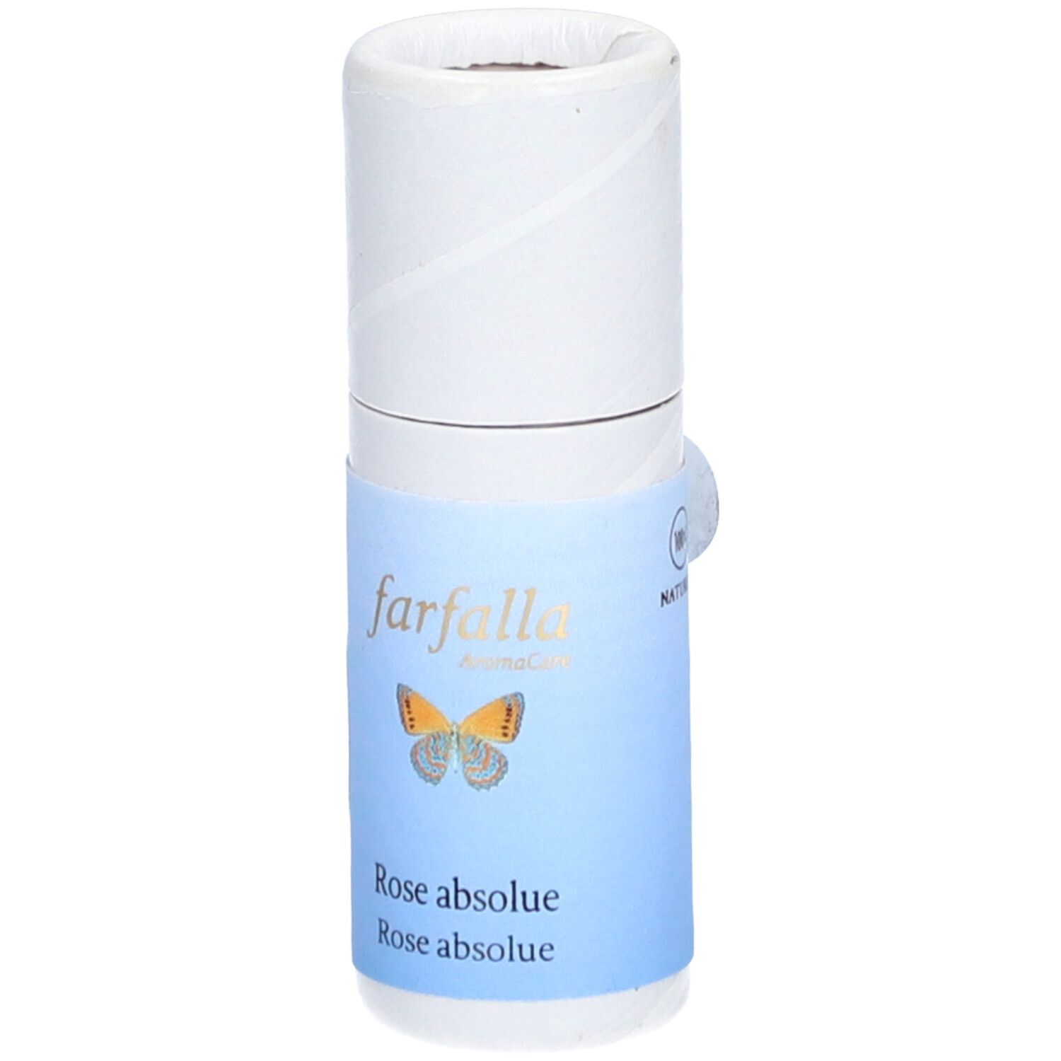 Emballage cylindrique avec étiquette bleue. Inscription : farfalla, Rose absolue. Sceau naturel.