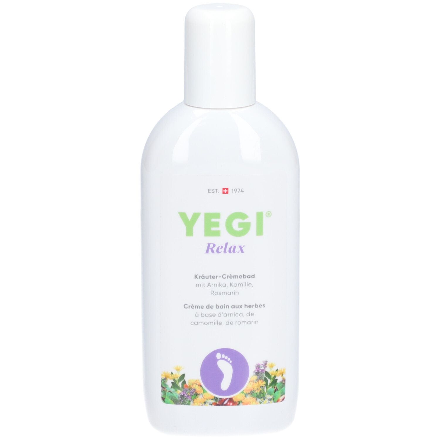 Flacon blanc avec étiquette verte et violette. Texte: YEGI Relax, Crème de bain aux herbes. Image d'un pied dans un cercle.