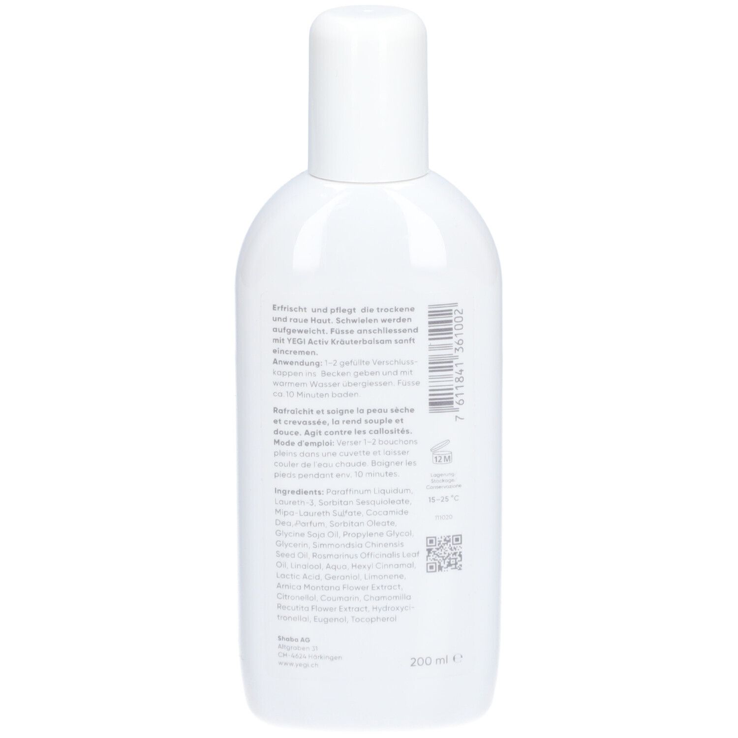 Dos du flacon blanc. Texte et code-barres sur fond blanc. Indication de volume: 200 ml.