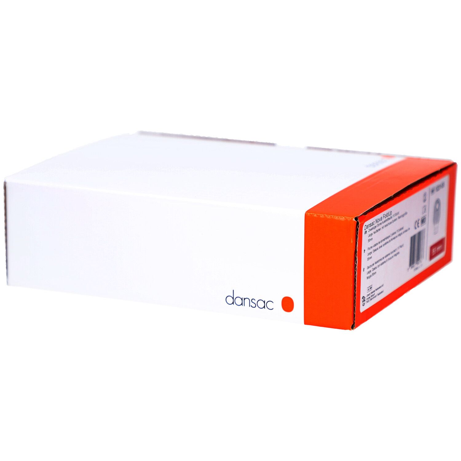 Weiße Verpackung mit orangefarbener Seite. DANSAC Logo. Produktname nicht vollständig sichtbar.