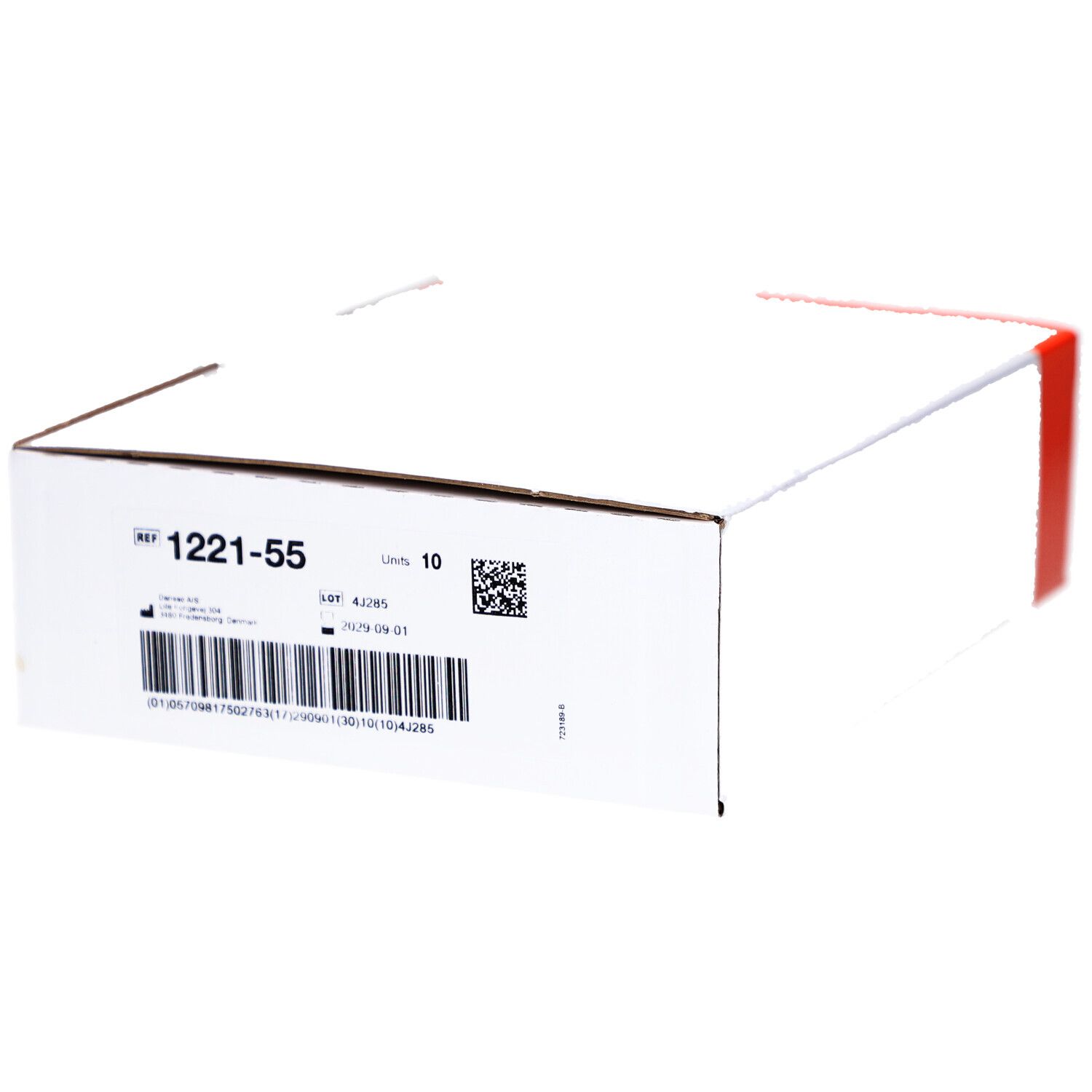 Weiße Verpackung mit orangefarbener Seite. REF 1221-55, Units 10. Barcode und QR-Code.