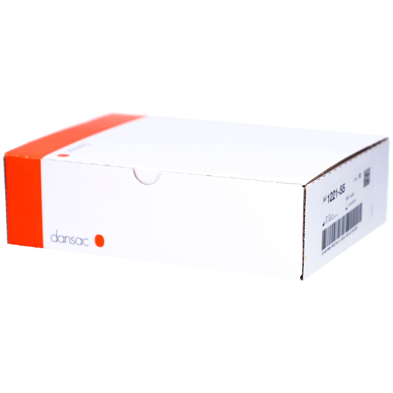 Weiße Verpackung mit orangefarbener Seite. DANSAC Logo. REF 1221-55.