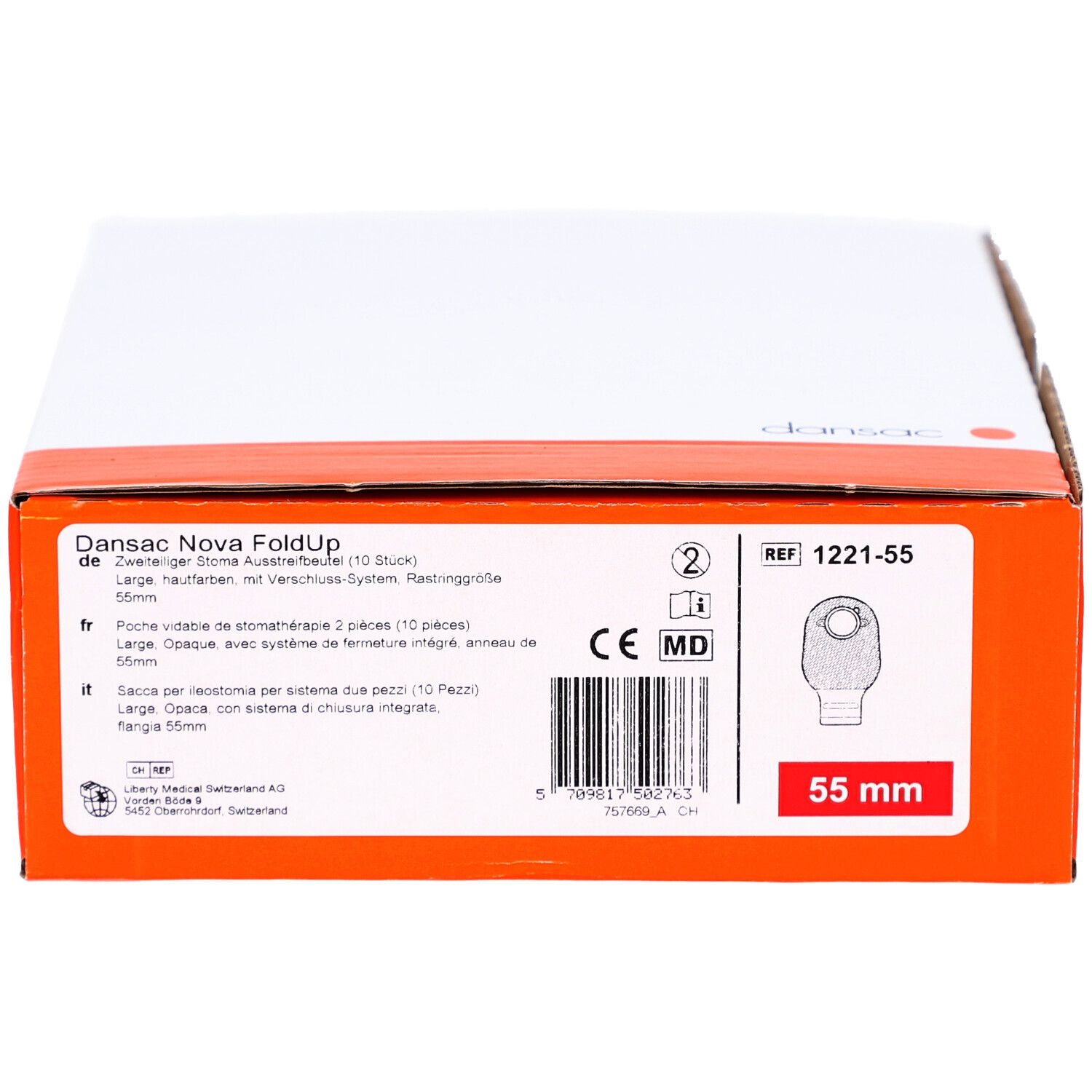 Verpackung. DANSAC NOVA FoldUp, 55 mm. Produktabbildung, Text in Deutsch, Französisch, Italienisch. CE-Kennzeichnung.