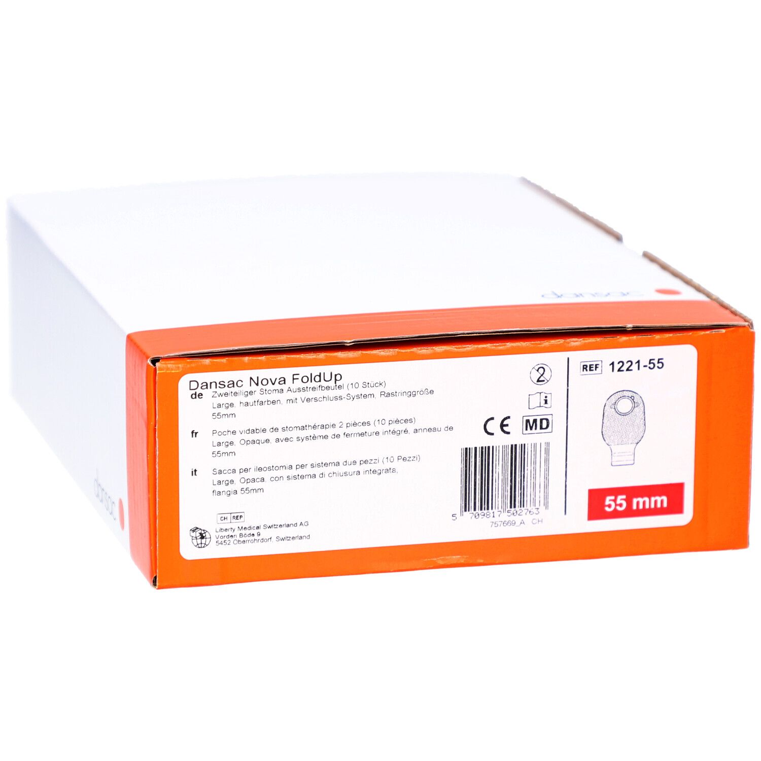 Verpackung. DANSAC NOVA FoldUp, 55 mm. Produktabbildung, Text in Deutsch, Französisch, Italienisch. CE-Kennzeichnung.