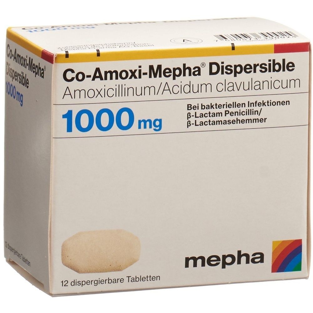 Schachtel mit Tabletten. Aufschrift: Co-Amoxi-Mepha Dispersible, 1000 mg. Marke: mepha. Enthält 12 Tabletten.