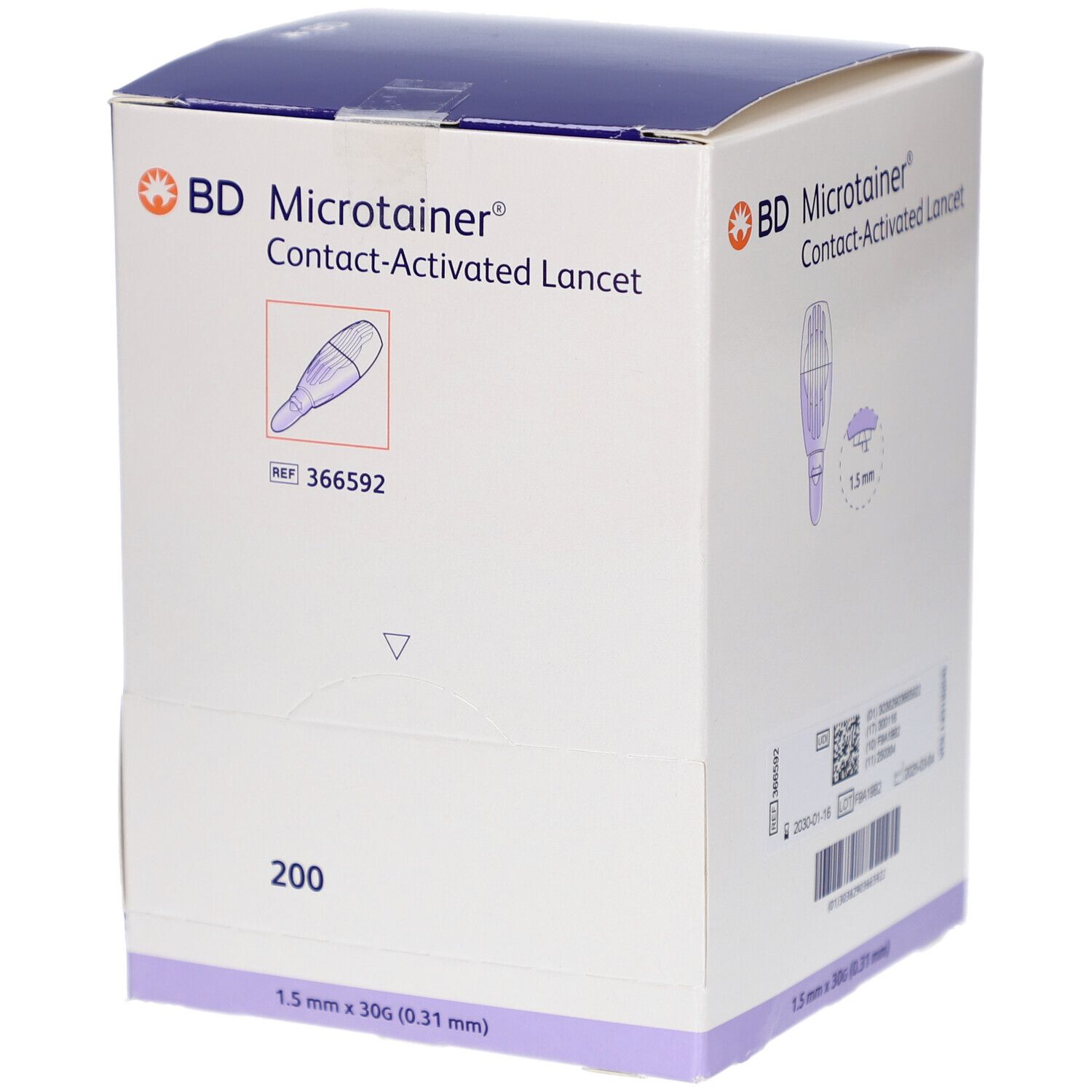 Karton mit BD Microtainer Kontakt-aktivierte Lanzetten. Enthält 200 Stück. Aufdrucke: 1,5 mm x 30G (0,31 mm).
