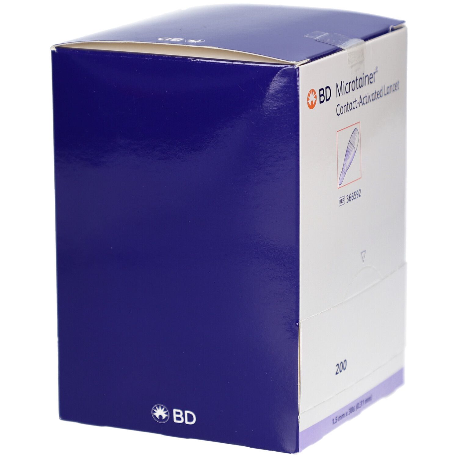 Karton mit BD Microtainer Kontakt-aktivierte Lanzetten. Blaue und weiße Farbgebung. BD Logo sichtbar.
