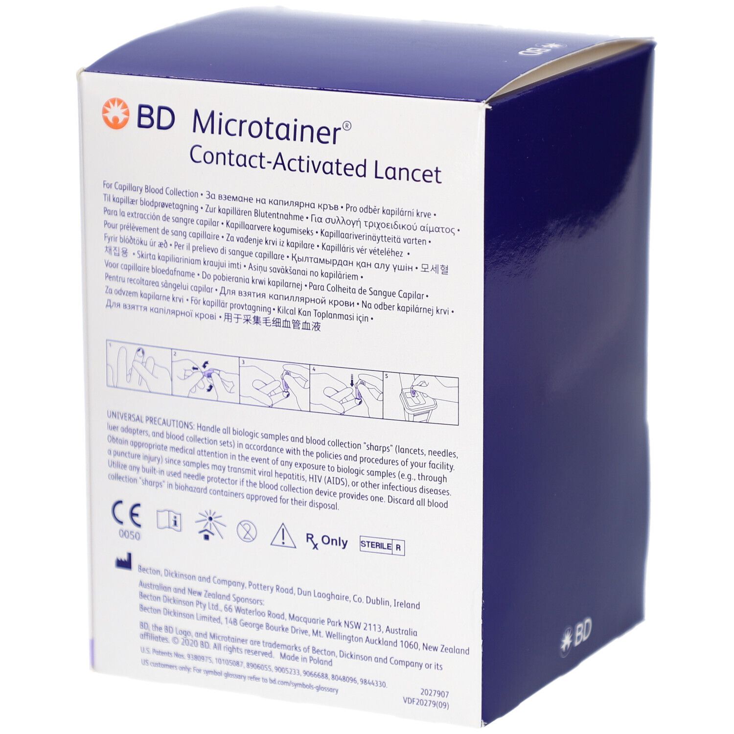 Rückseite der Verpackung mit BD Microtainer Kontakt-aktivierte Lanzetten. Mehrsprachige Informationen und Warnhinweise.