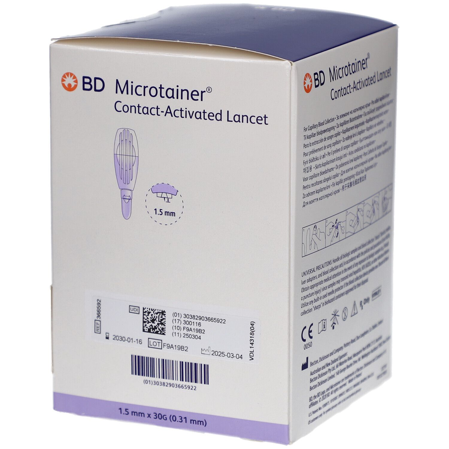 Karton mit BD Microtainer Kontakt-aktivierte Lanzetten. Enthält 200 Stück. Aufdrucke: 1,5 mm x 30G (0,31 mm).