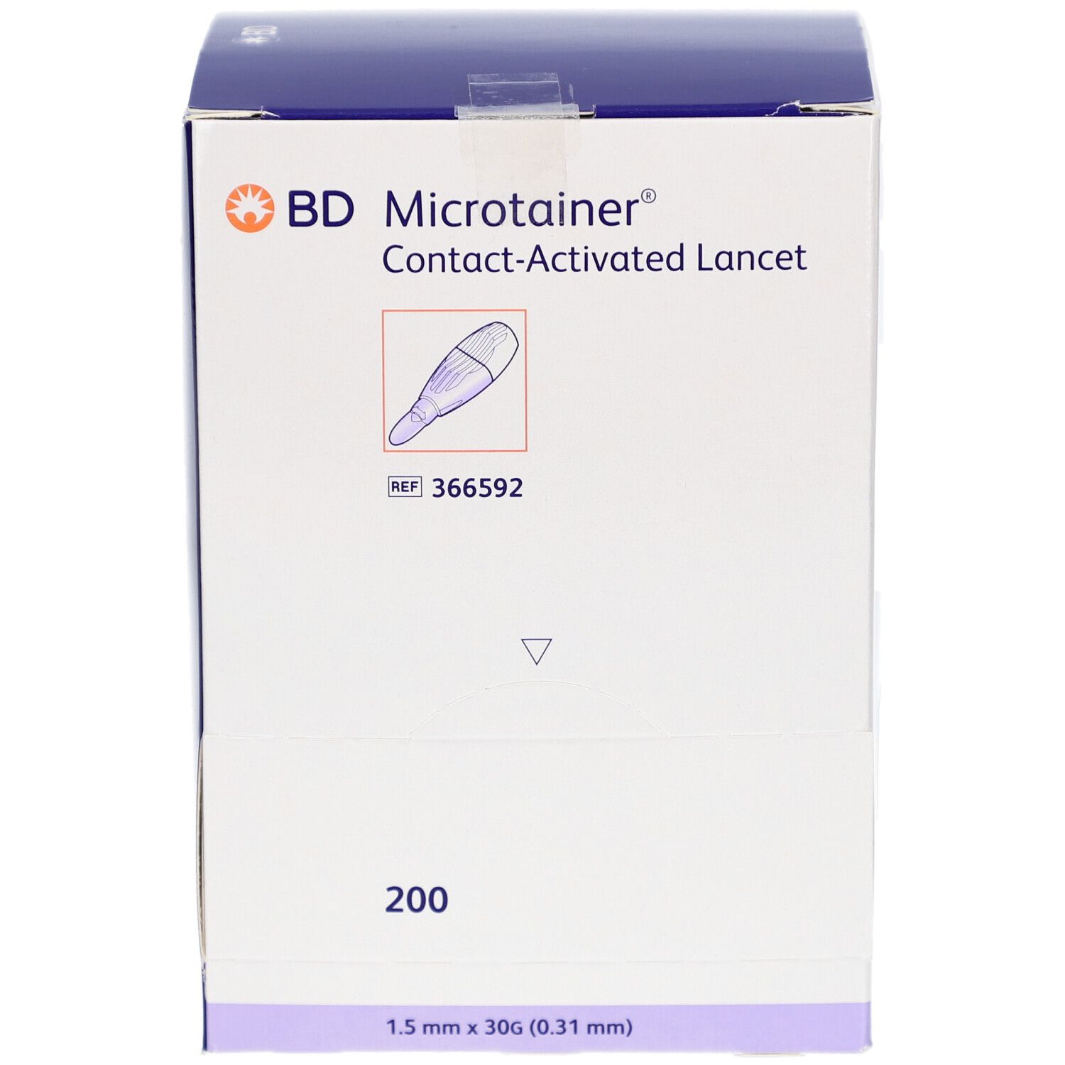Karton mit BD Microtainer Kontakt-aktivierte Lanzetten. Enthält 200 Stück. Aufdrucke: 1,5 mm x 30G (0,31 mm).