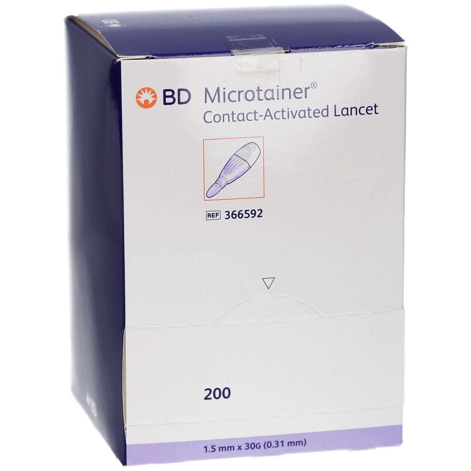Karton mit BD Microtainer Kontakt-aktivierte Lanzetten. Enthält 200 Stück. Aufdrucke: 1,5 mm x 30G (0,31 mm).