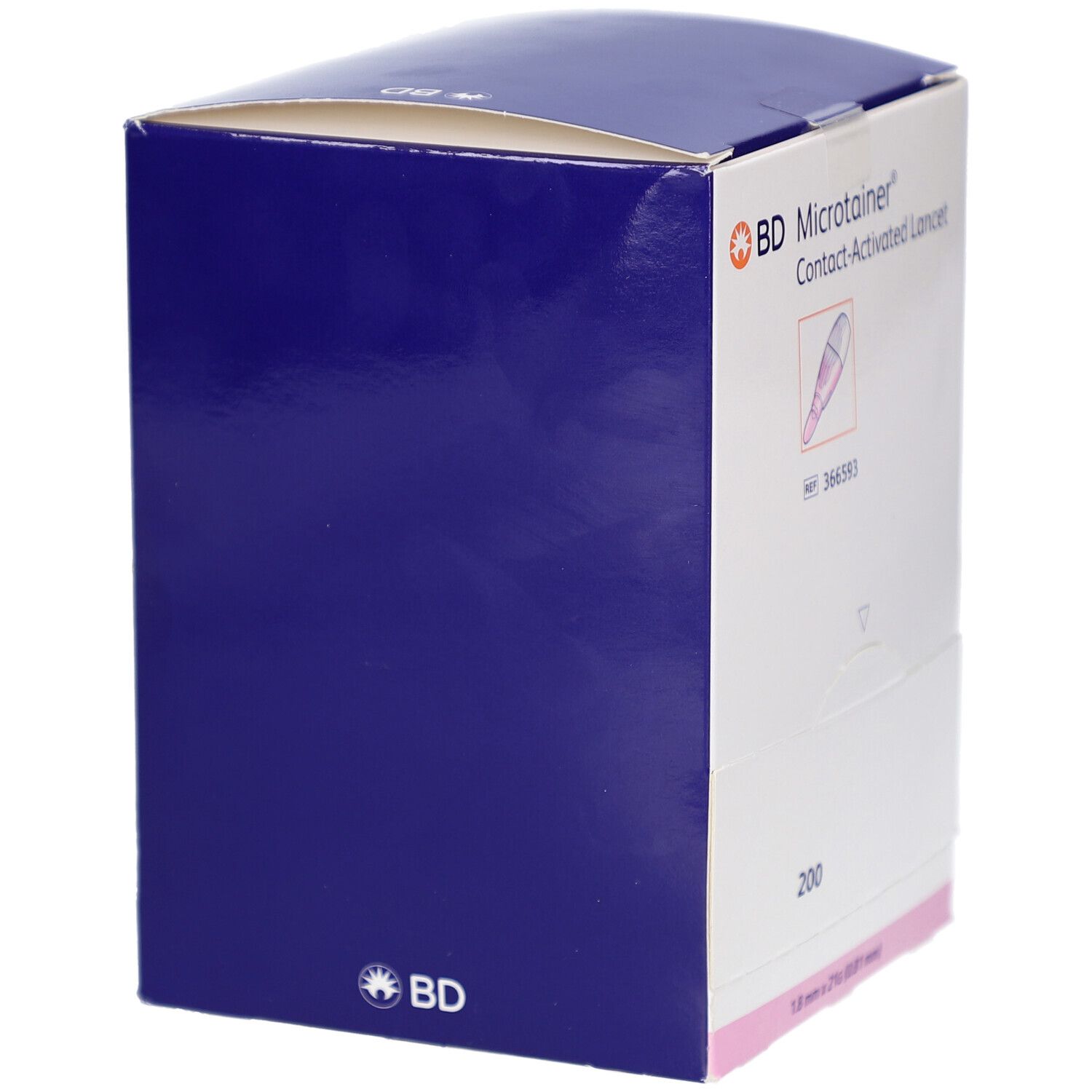 Seitenansicht der Verpackung von BD Microtainer Kontakt-aktivierte Lanzetten. Blaue und weiße Kartonage mit Logo.