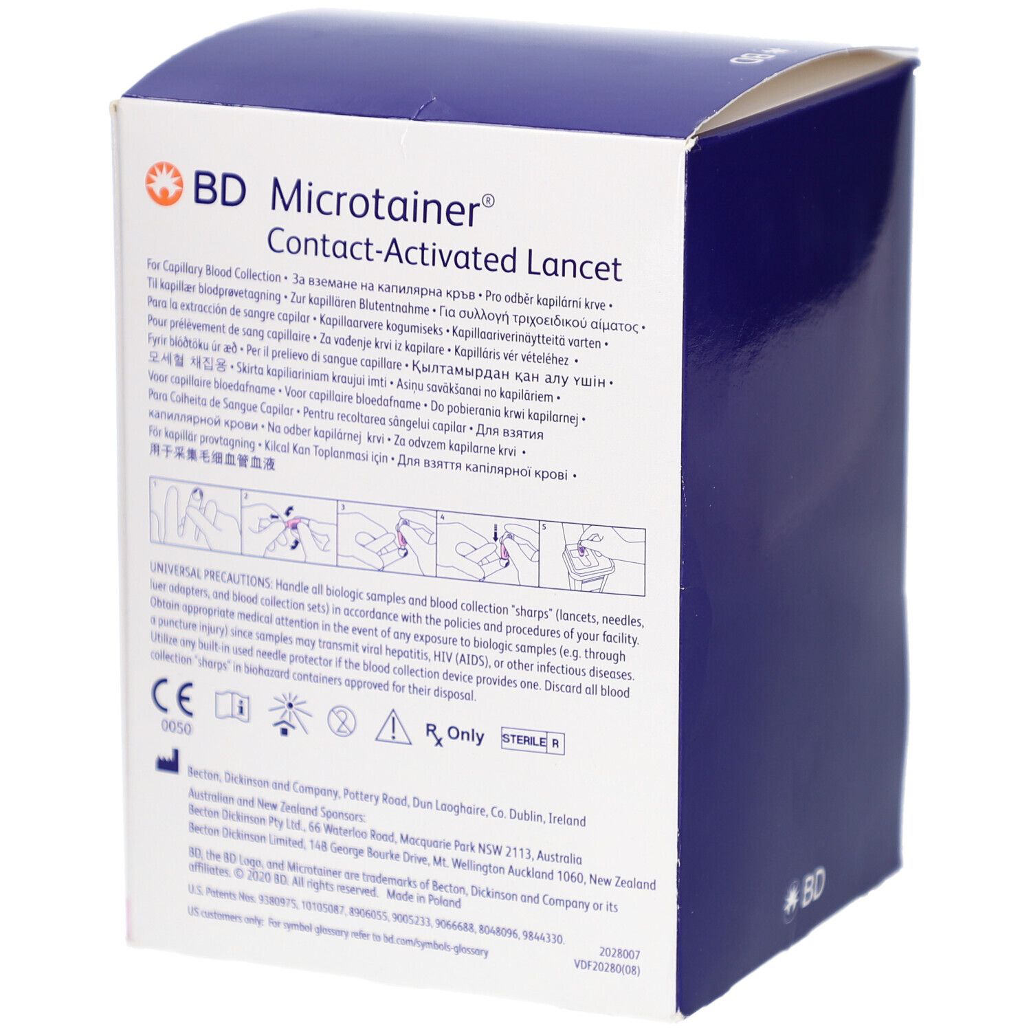 Rückseite der Verpackung von BD Microtainer Kontakt-aktivierte Lanzetten. Mehrsprachiger Text und Piktogramme.