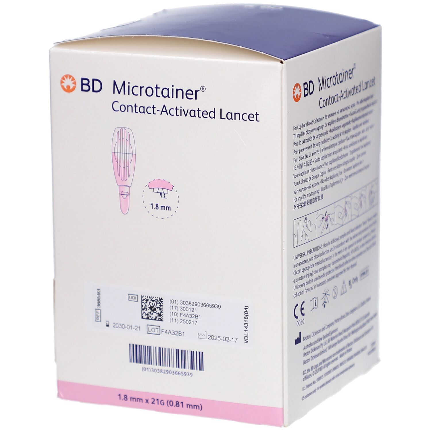 Verpackung von BD Microtainer Kontakt-aktivierte Lanzetten. Enthält 200 Stück. Abmessungen: 1,8 mm x 21G (0,81 mm). Mit Chargennummer.