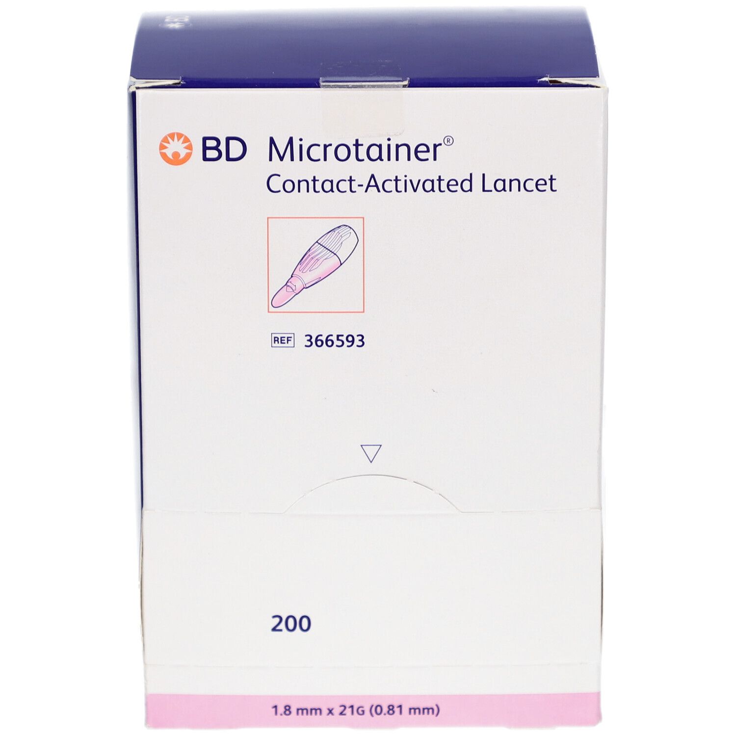 Verpackung von BD Microtainer Kontakt-aktivierte Lanzetten. Enthält 200 Stück. Abmessungen: 1,8 mm x 21G (0,81 mm).