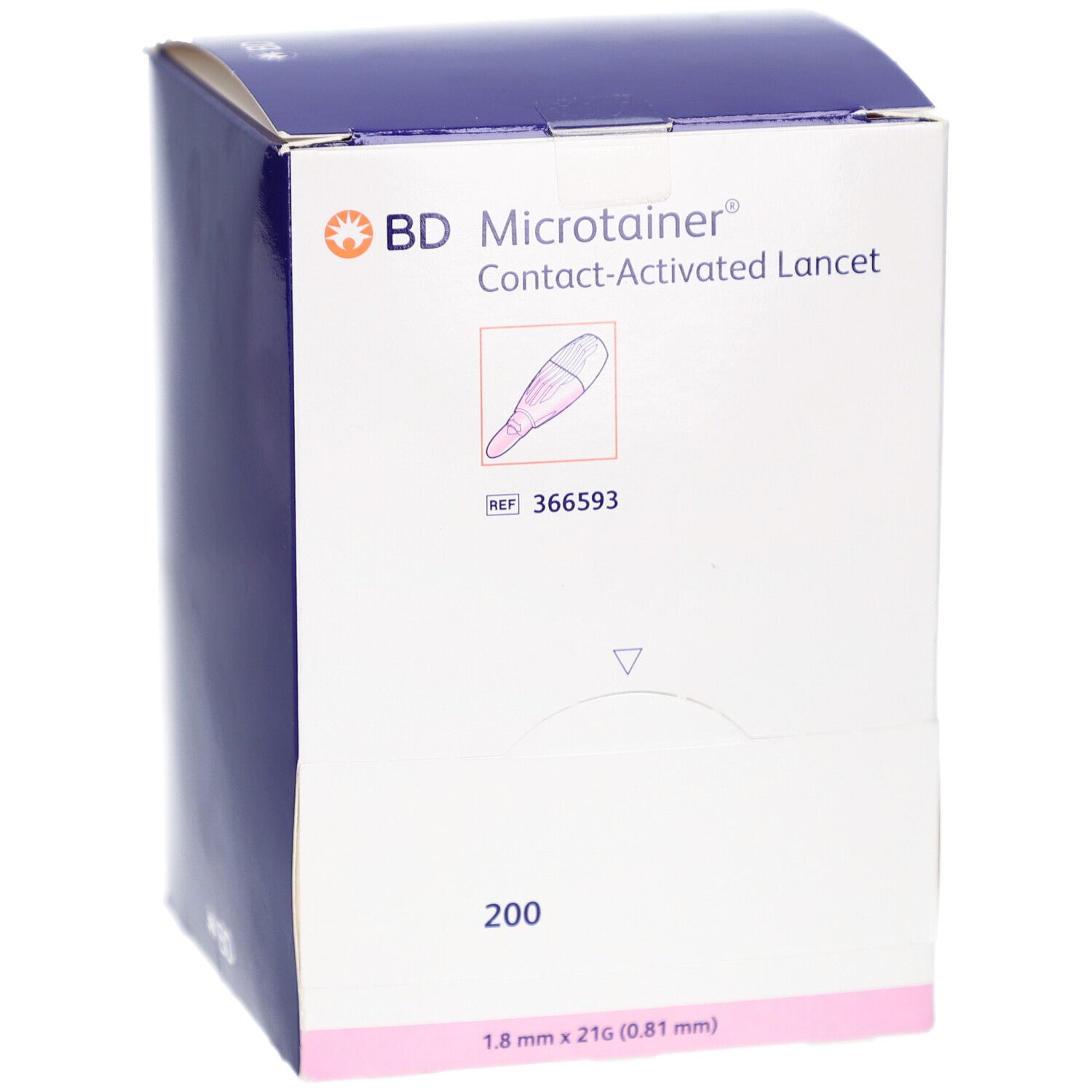 Schrägansicht der Verpackung von BD Microtainer Kontakt-aktivierte Lanzetten. Enthält 200 Stück.