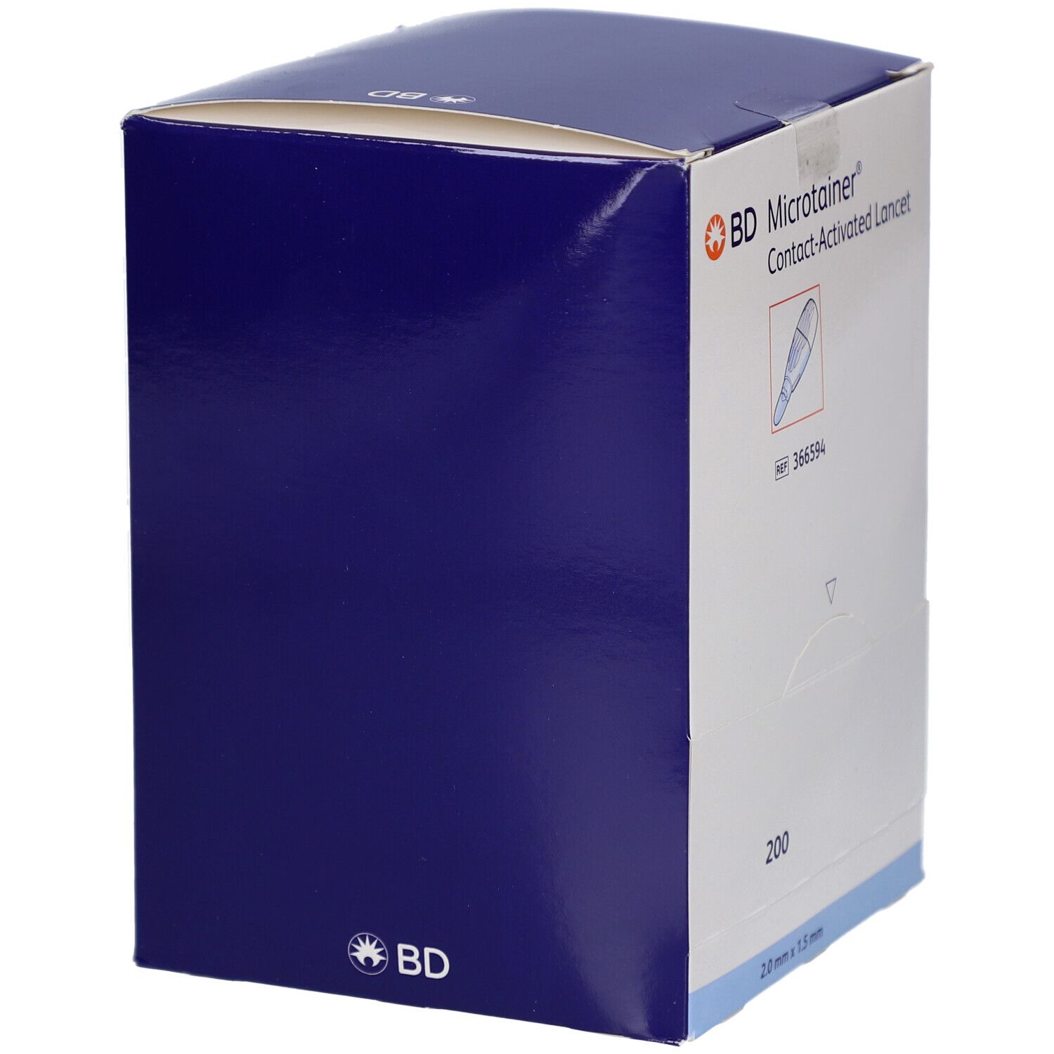 Verpackung von BD Microtainer Kontakt-aktivierte Lanzetten. Blaue und weiße Farbgebung. Marke BD sichtbar. Produktname auf der Verpackung.