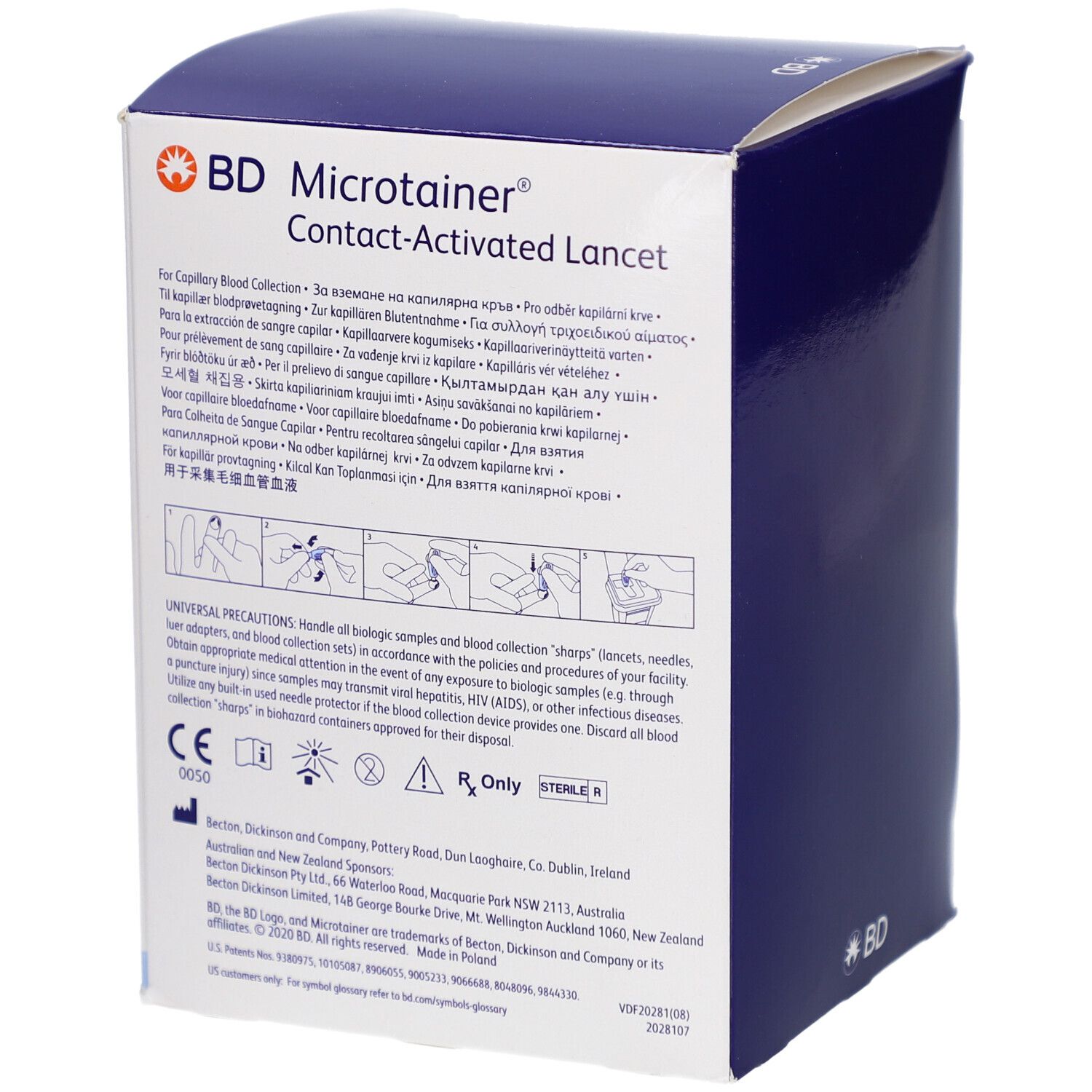 Rückseite der Verpackung von BD Microtainer Kontakt-aktivierte Lanzetten. Text in mehreren Sprachen. CE-Kennzeichnung und andere Symbole.
