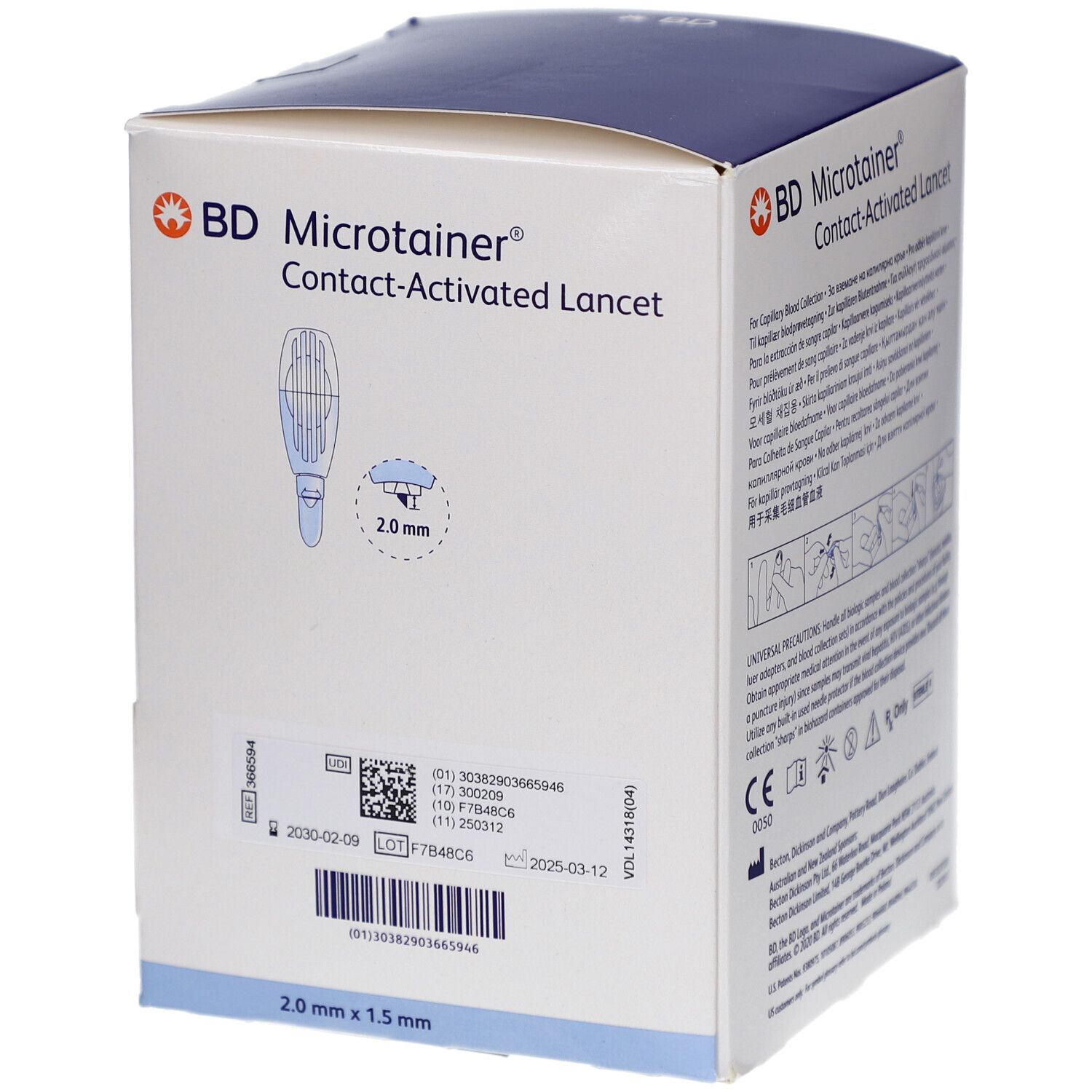 Verpackung von BD Microtainer Kontakt-aktivierte Lanzetten. Enthält Informationen wie Chargennummer und Verfallsdatum. Abmessungen: 2,0 mm x 1,5 mm.