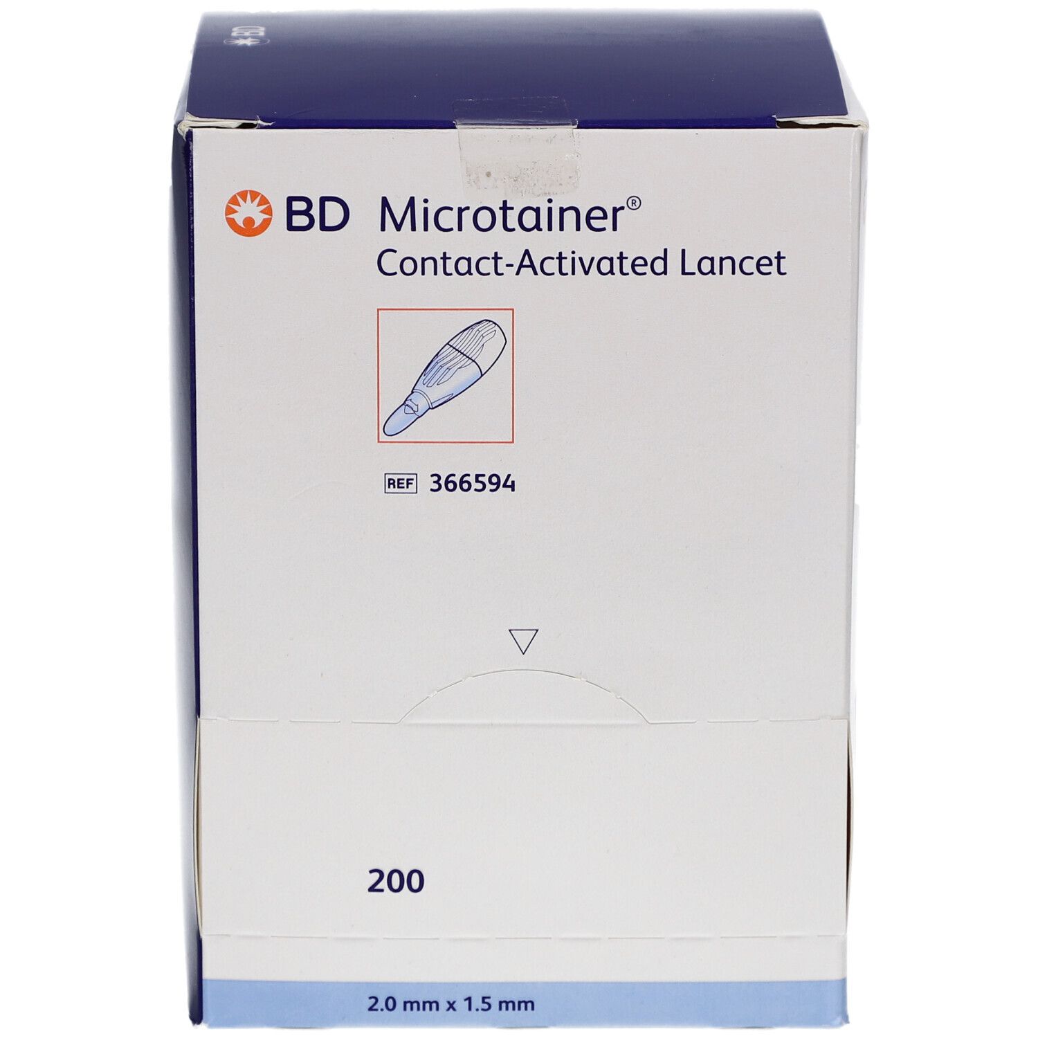 Verpackung von BD Microtainer Kontakt-aktivierte Lanzetten. Enthält 200 Stück. Abmessungen: 2,0 mm x 1,5 mm. Marke und Produktname sichtbar.