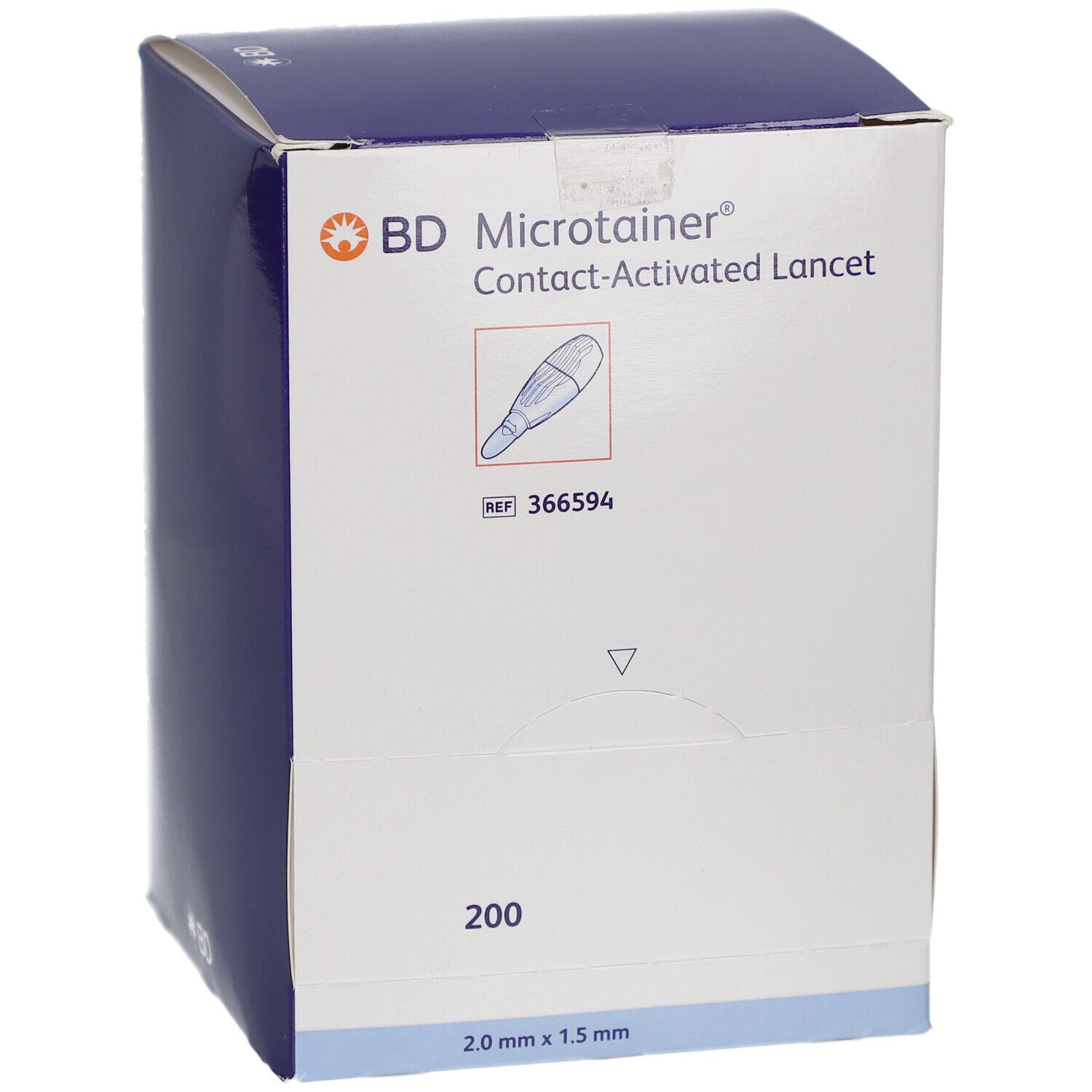 Verpackung von BD Microtainer Kontakt-aktivierte Lanzetten. Enthält 200 Stück. Abmessungen: 2,0 mm x 1,5 mm. Marke und Produktname sichtbar.