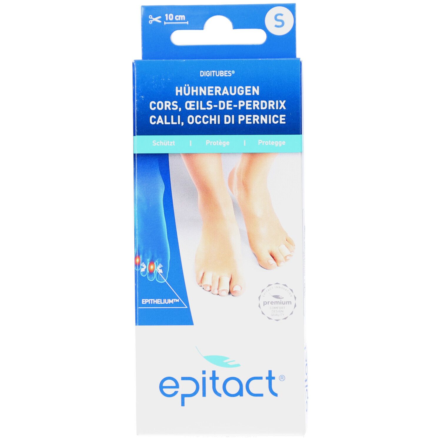 Emballage avec illustration de pieds et produit. Couleurs bleu et blanc. Nom du produit : EPITACT. Texte : DIGITUBES, cors, etc. Taille S.