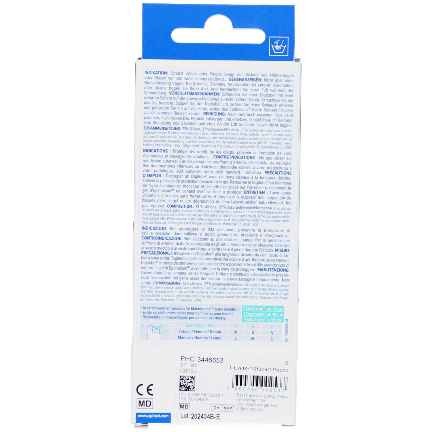Dos de l'emballage du produit. Texte multilingue. Nom du produit : EPITACT. Dispositif médical. Marquage CE. Indications de taille.
