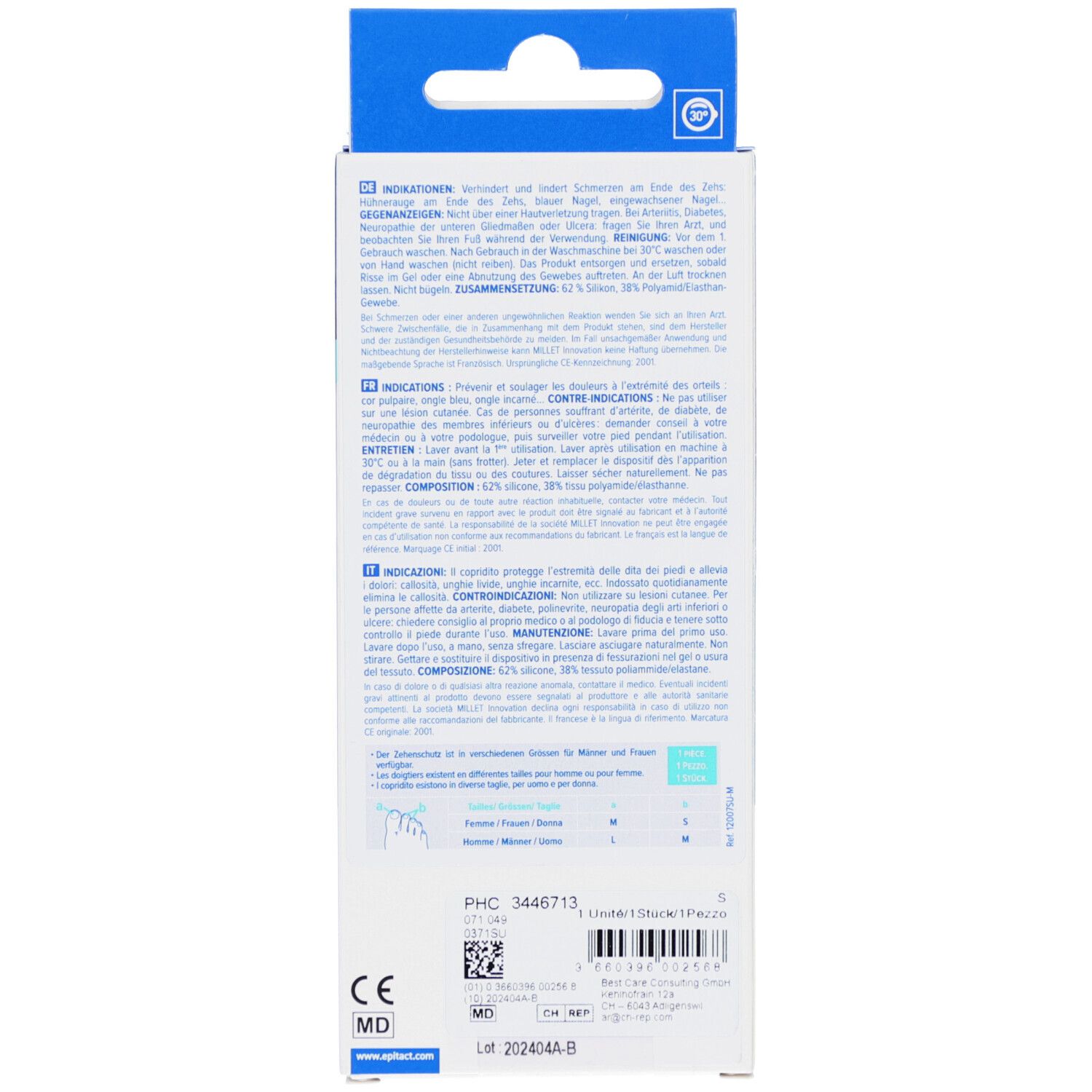 Rückseite der Produktverpackung. Text in mehreren Sprachen. CE-Kennzeichnung und Chargennummer.