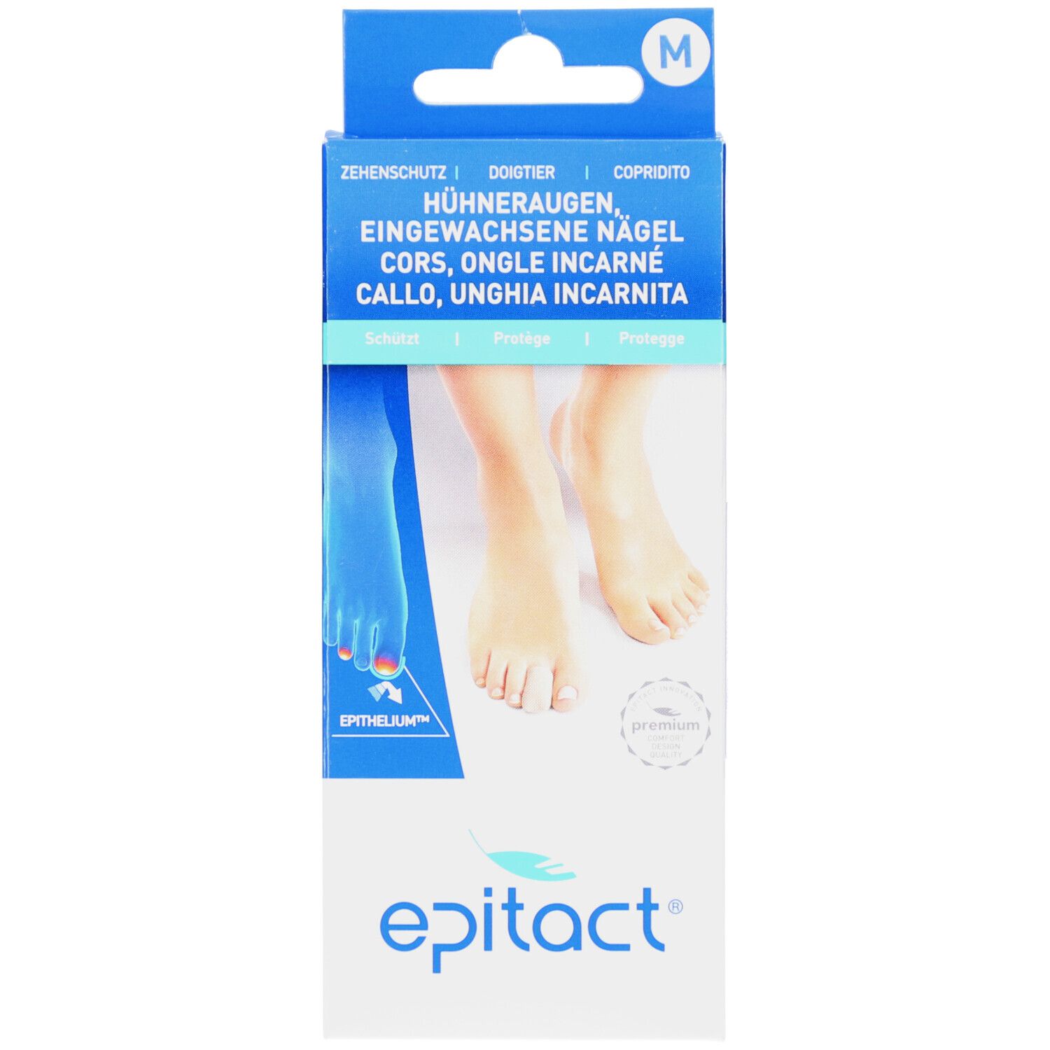 Verpackung mit Produktabbildung. Oben: "M". Text: "ZEHENSCHUTZ", "EPITACT". Füße abgebildet. Blauer Hintergrund.