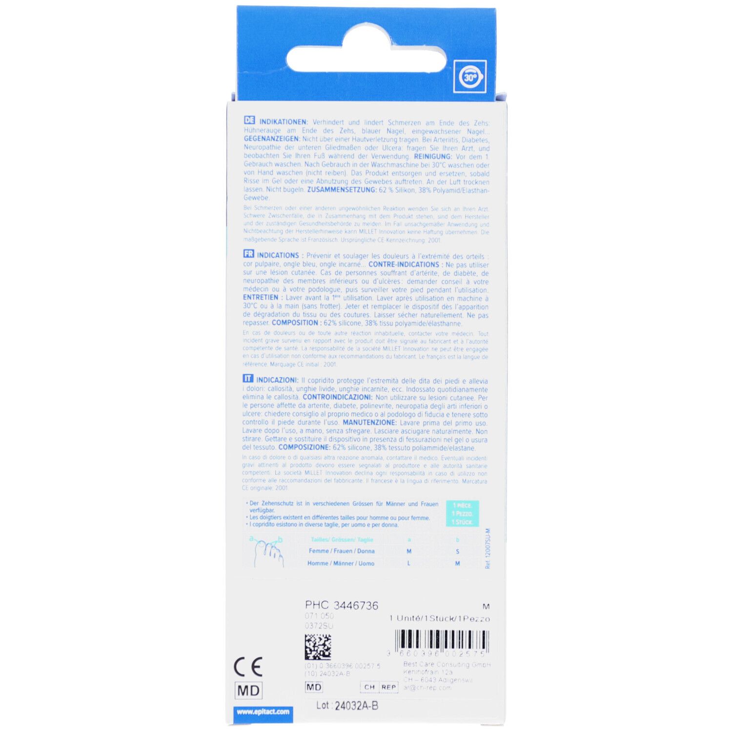 Rückseite der Verpackung. Text: "EPITACT", Informationen in mehreren Sprachen. CE-Kennzeichnung. Größe "M".