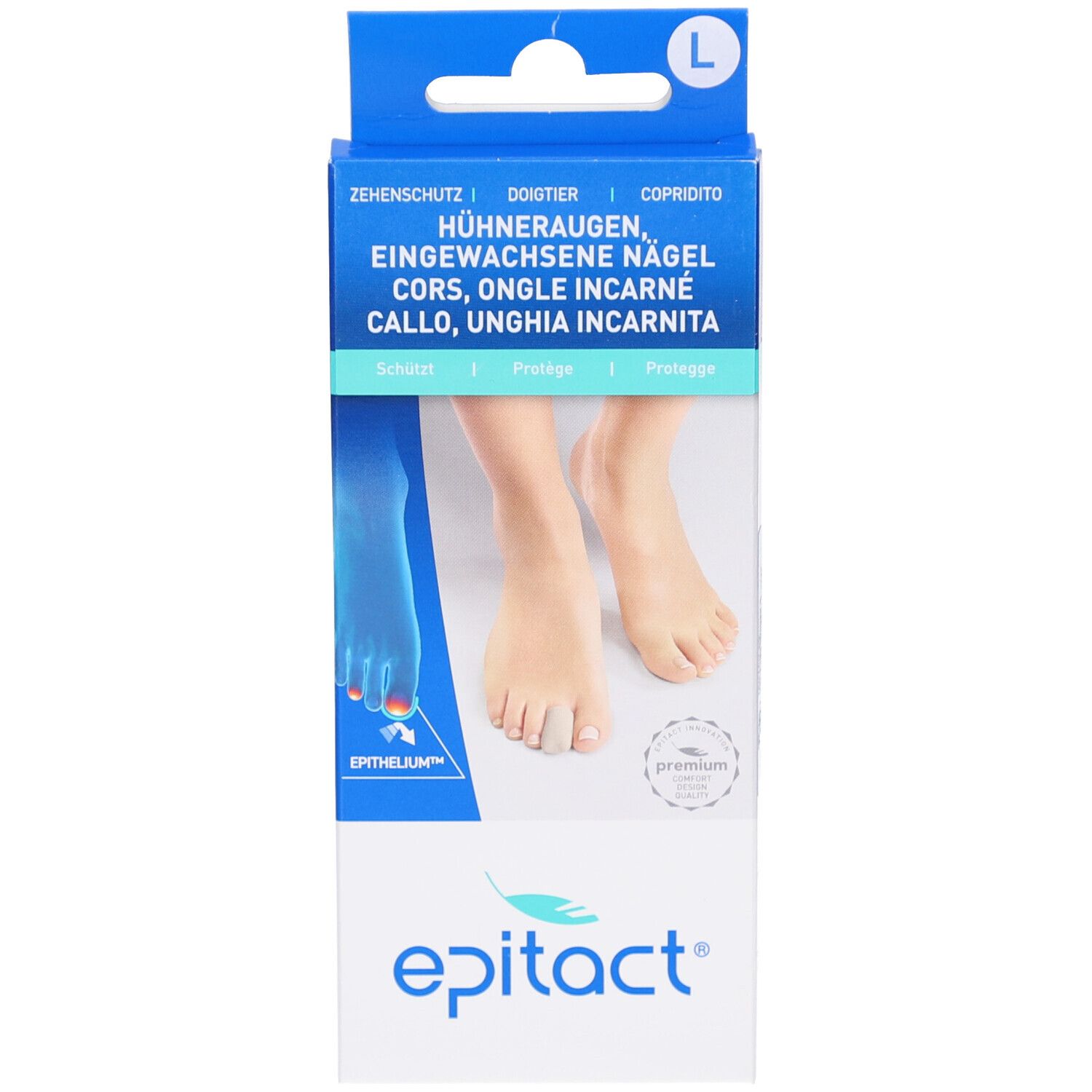 Emballage avec illustration du produit. Boîte bleue avec nom du produit et illustration de pied. Taille L.