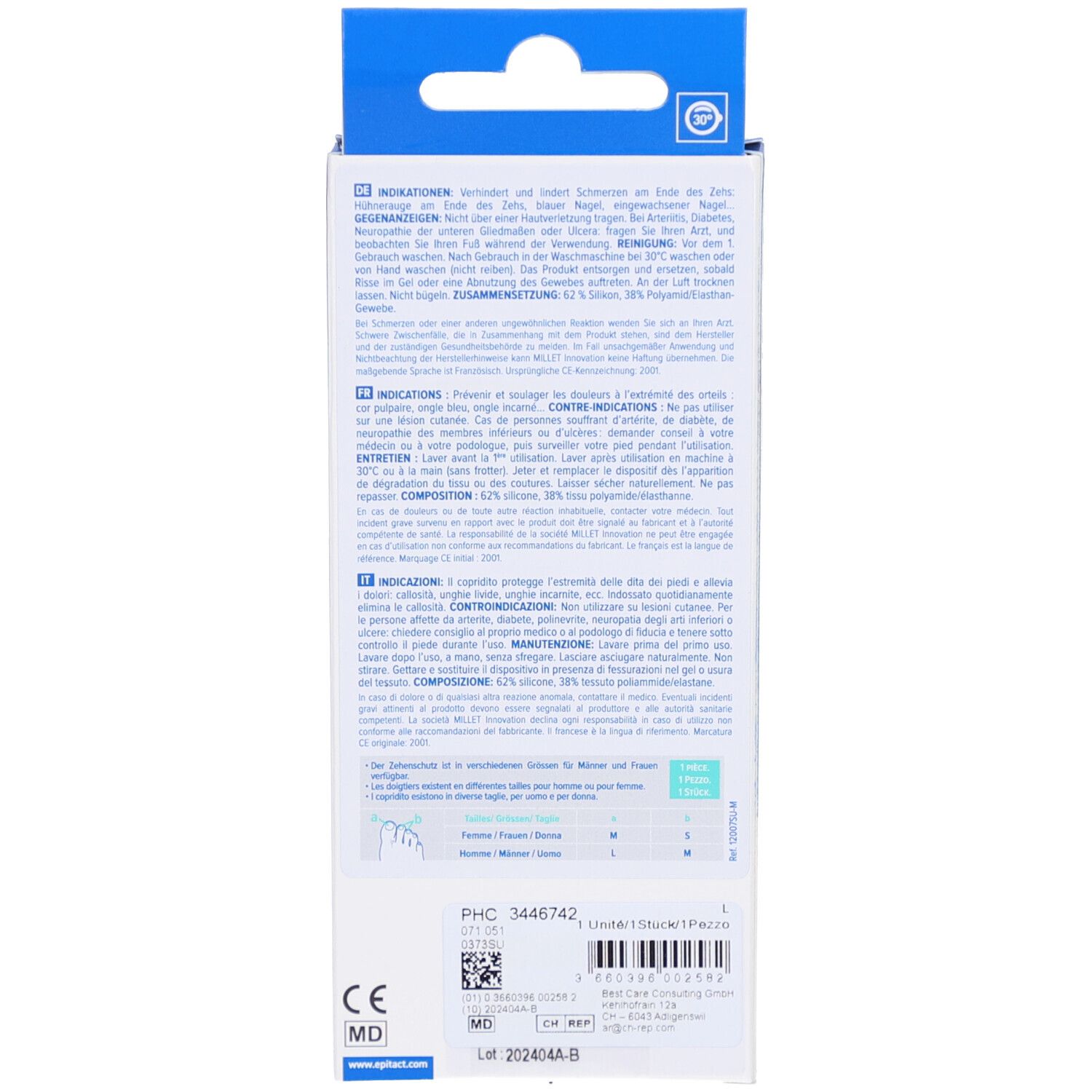 Dos de l'emballage avec texte. Informations en allemand, français et italien. Marquage CE.