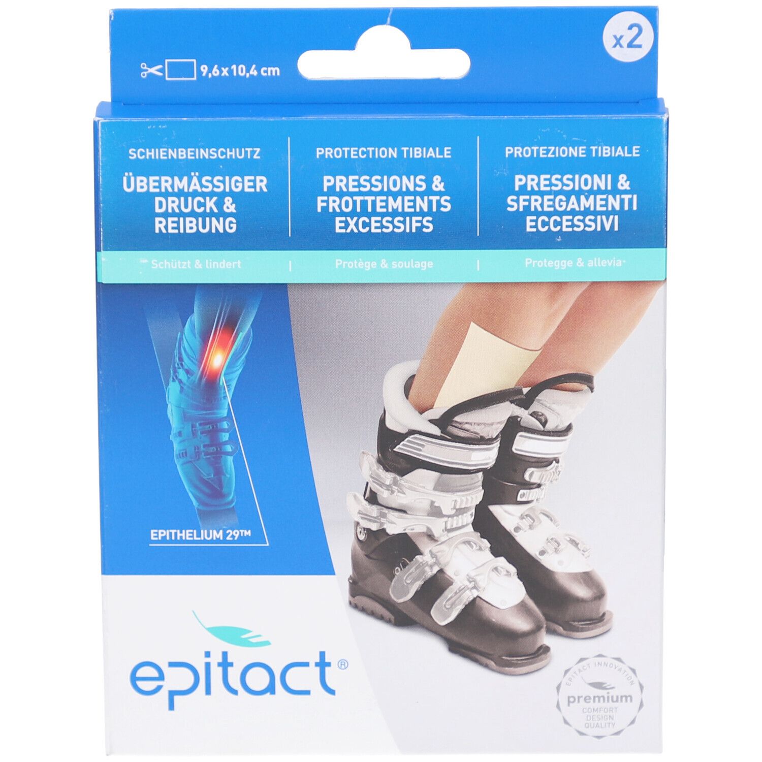 Verpackung mit Epitact Protection Tibiale. Zeigt ein Bein mit Schutz in einem Skischuh. Oben: 9,6x10,4 cm. Text: Epithelium 29™.