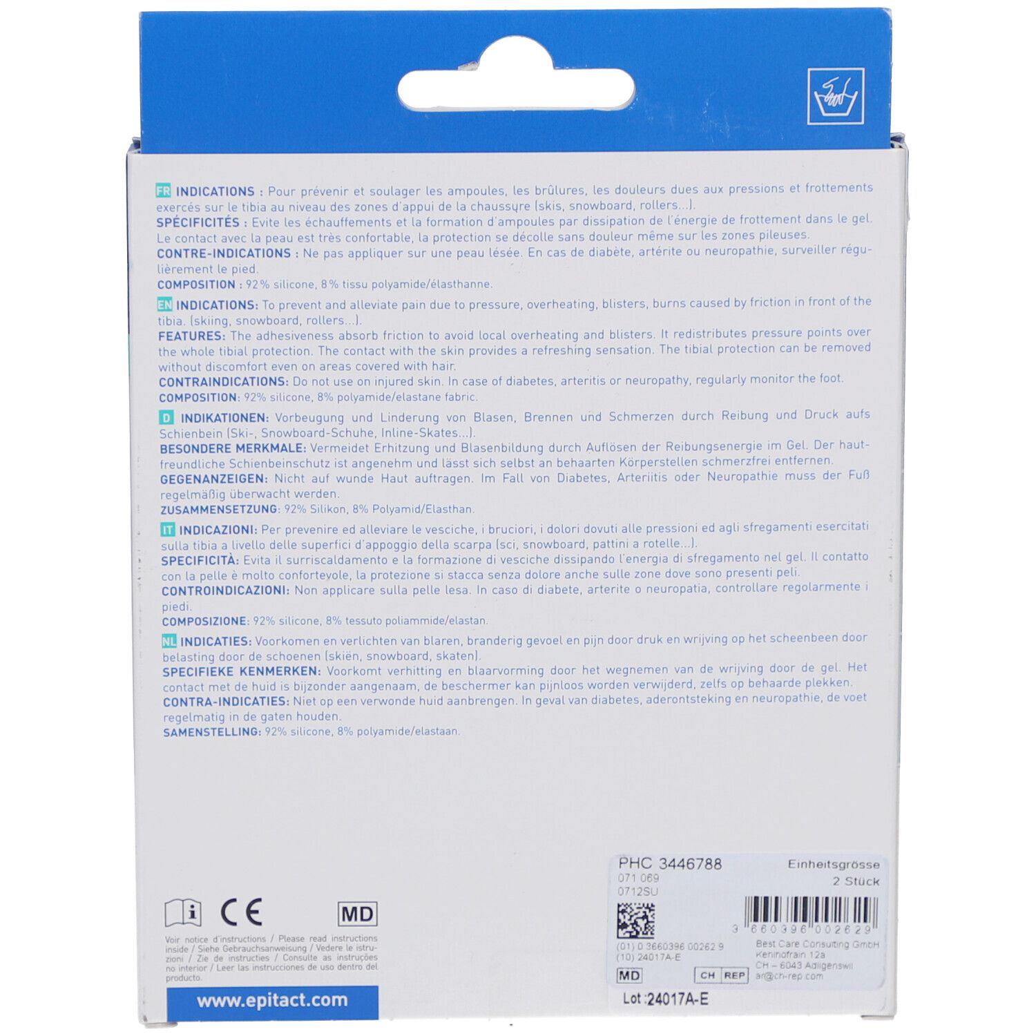 Rückseite der Verpackung. Text in mehreren Sprachen. Enthält Informationen zu Indikationen, Spezifikationen und Kontraindikationen.