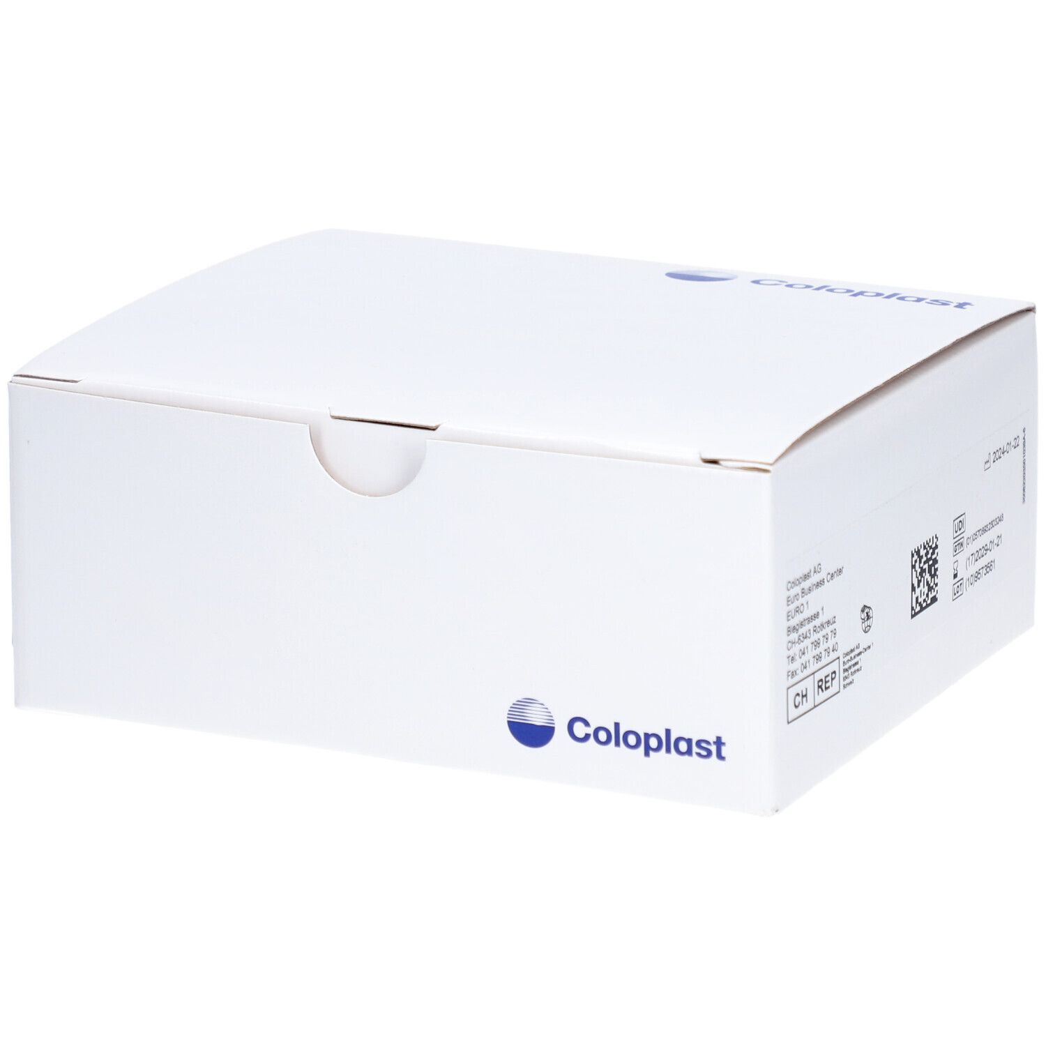 Emballage blanc Coloplast. Boîte en carton avec couvercle, légèrement ouverte.