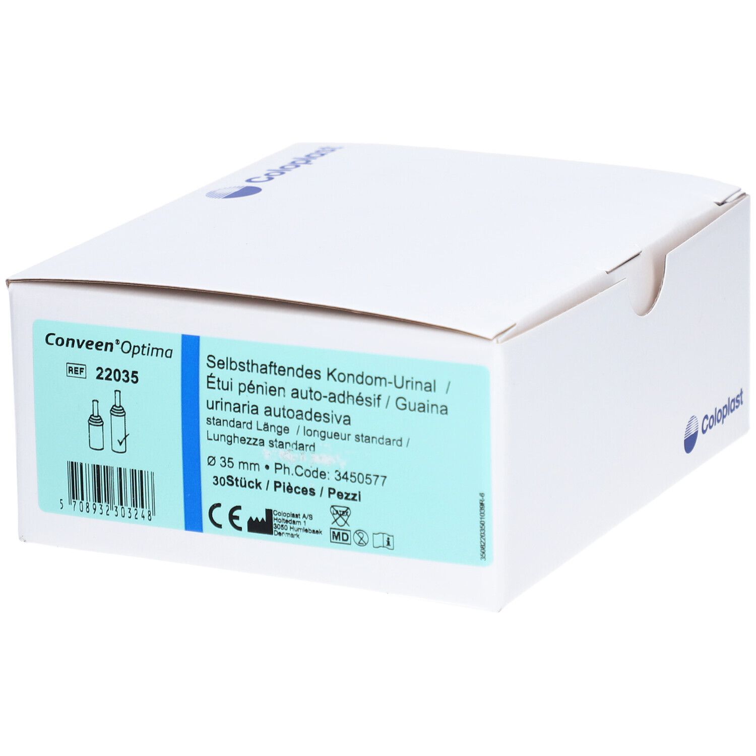 Emballage blanc avec informations produit. Texte: Conveen Optima, 35mm, 30 pièces, Coloplast.