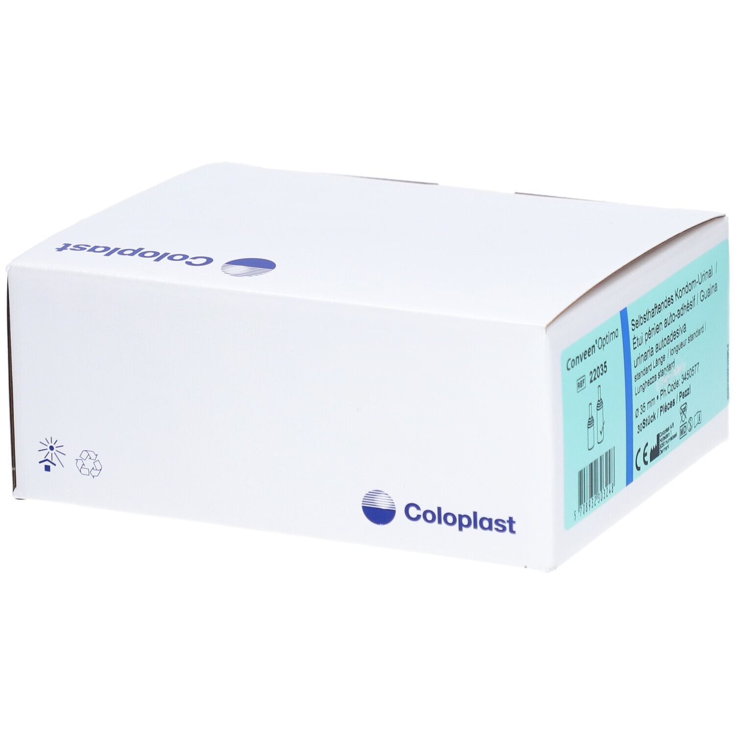 Emballage blanc avec informations produit. Logo Coloplast. Nom du produit partiellement visible.