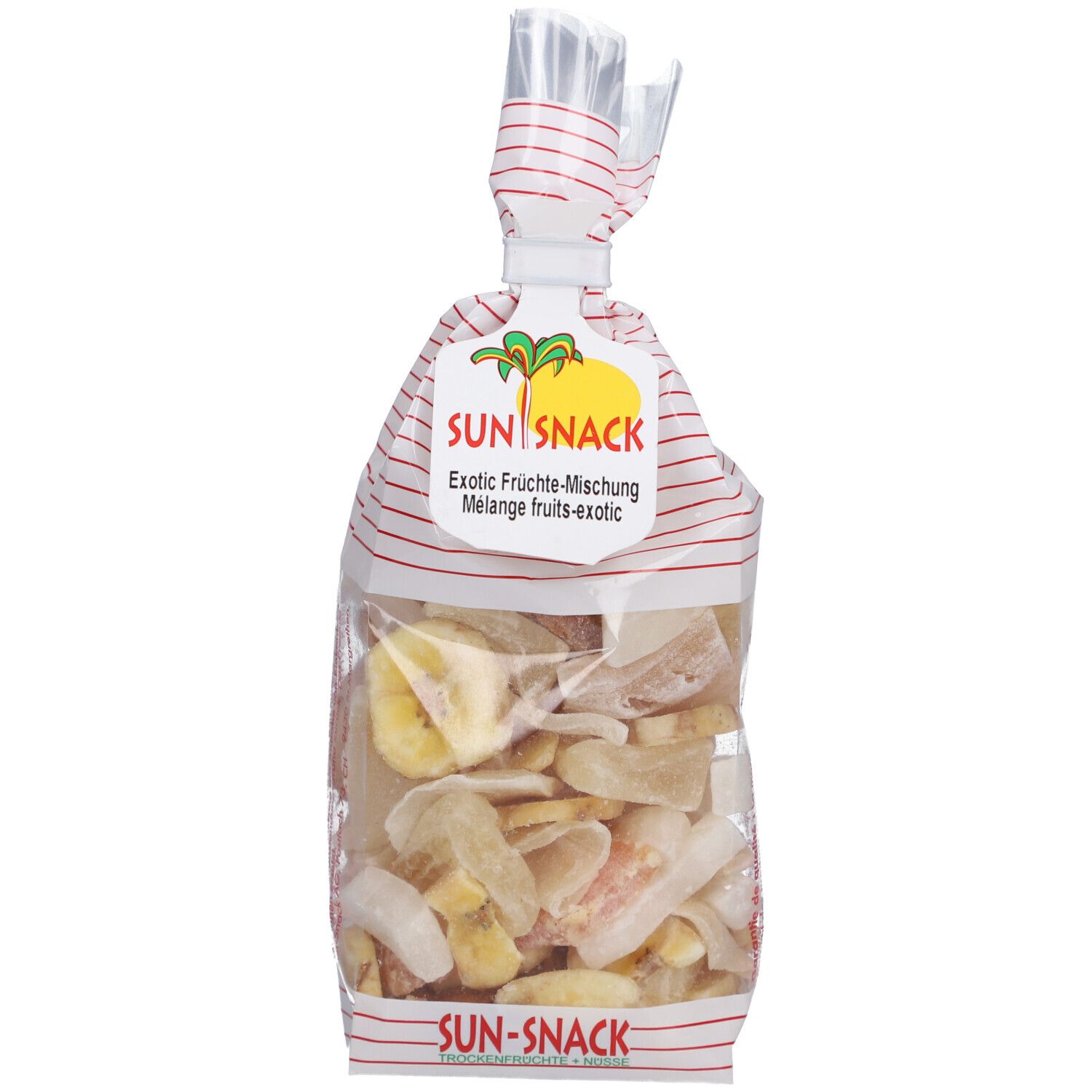 Mélange de fruits exotiques SUN SNACK dans un sac transparent. Rayures rouges sur papier blanc. Logo avec palmier. Fruits secs visibles.