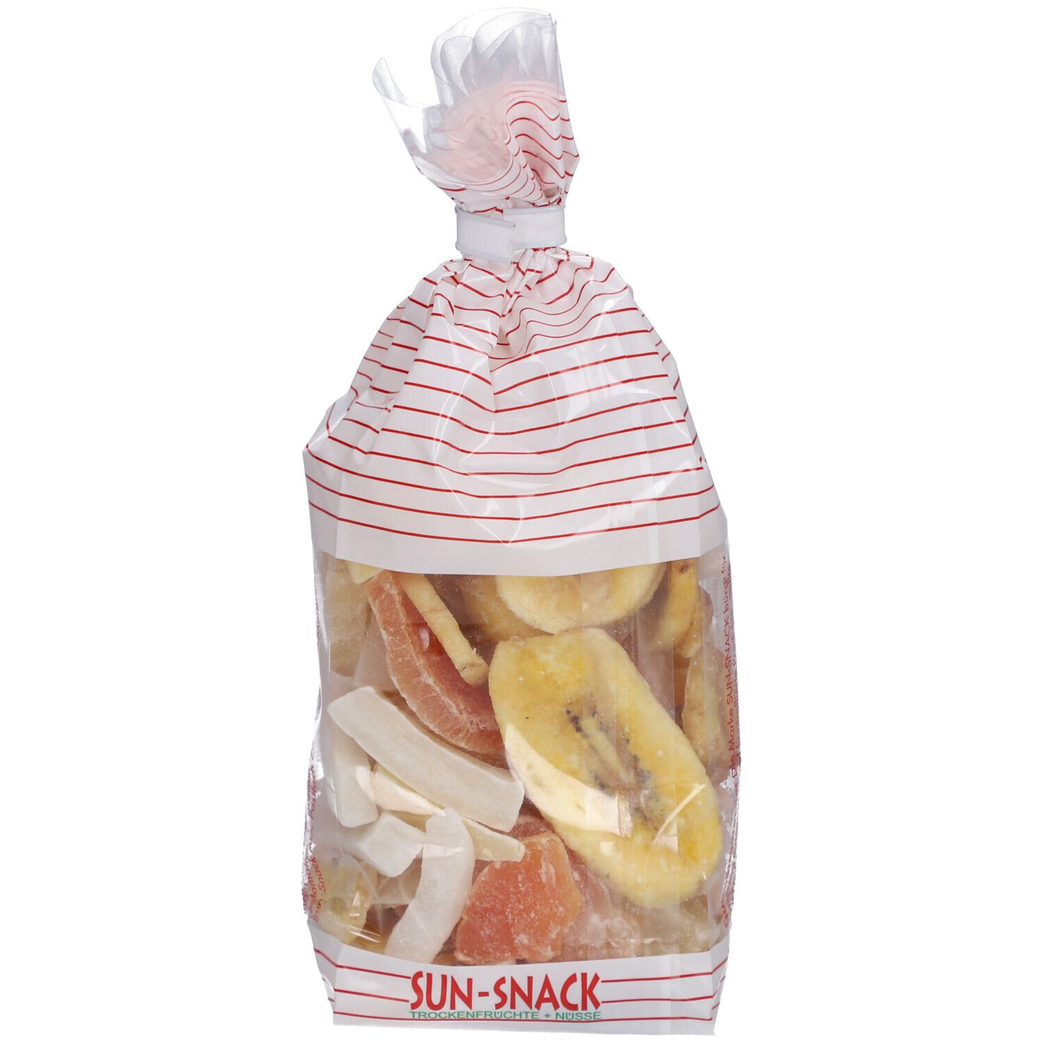 Mélange de fruits exotiques SUN SNACK dans un sac transparent. Rayures rouges sur papier blanc. Fruits secs visibles, dont tranches de banane.