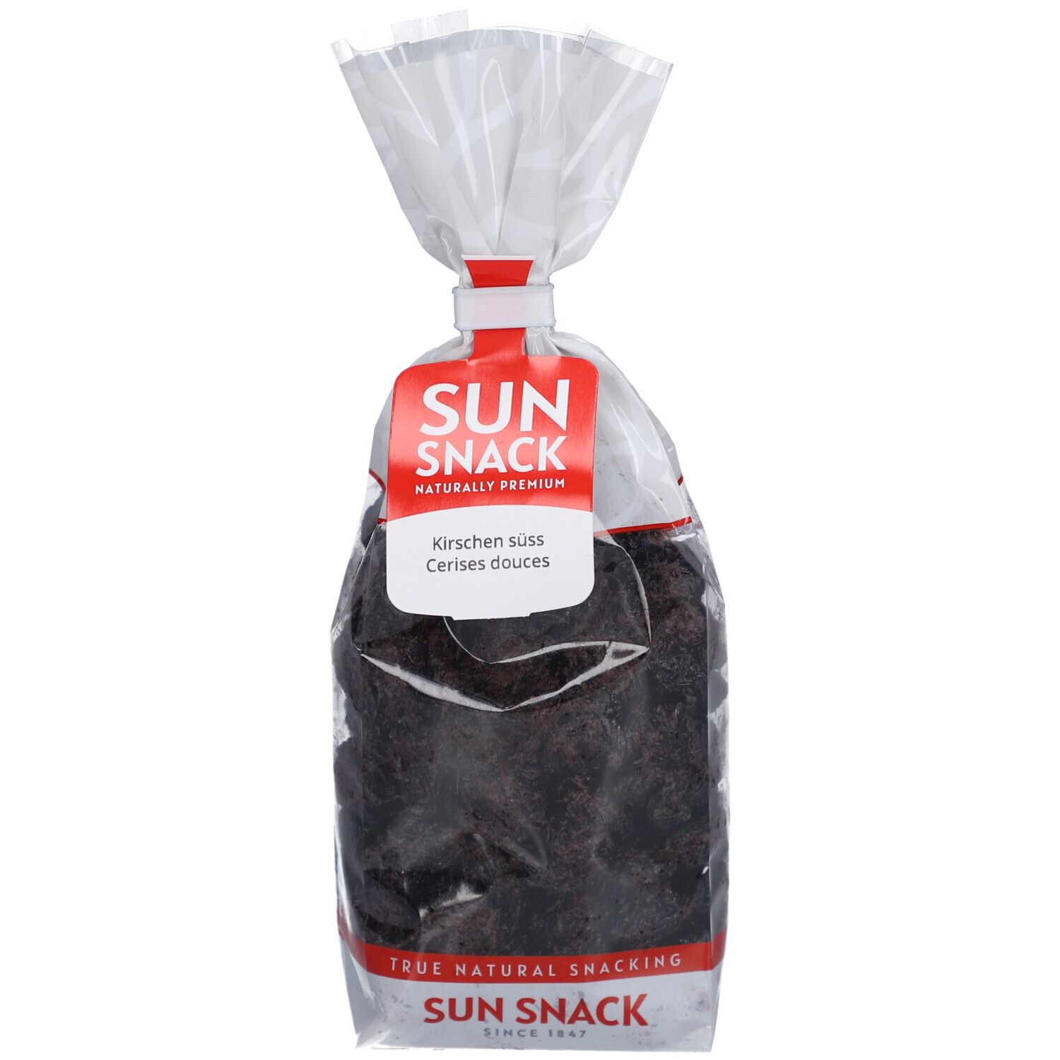 Transparente Tüte mit SUN SNACK Kirschen. Rotes Etikett mit Produktnamen und Aufschrift 'Kirschen süss'.