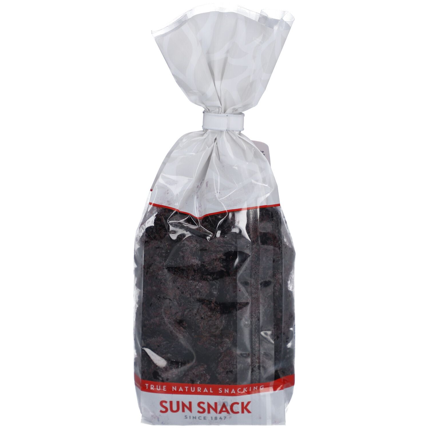 Transparente Tüte mit SUN SNACK Kirschen. Roter Streifen am unteren Rand mit Produktnamen.