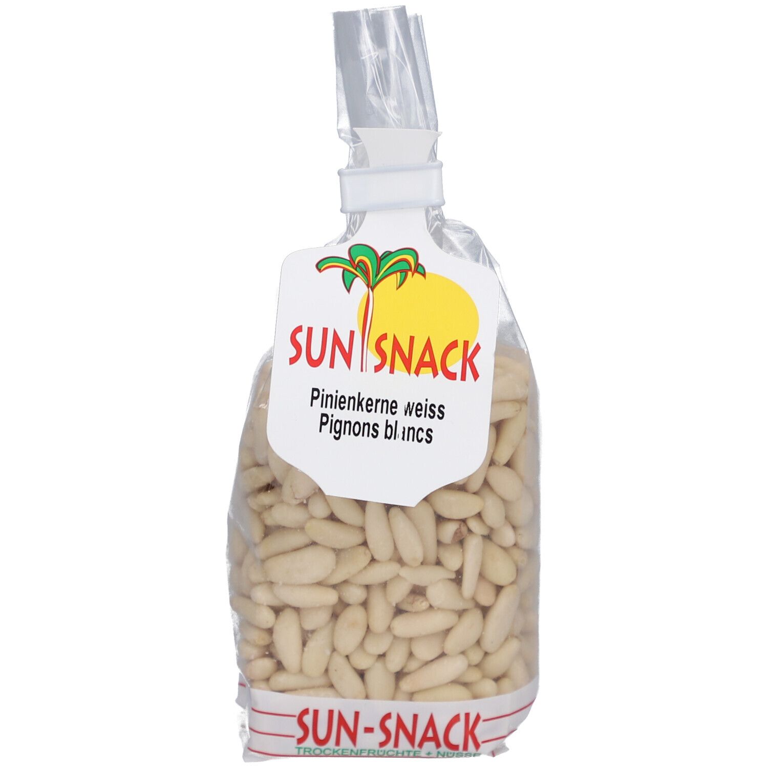 Sachet transparent de pignons de pin. Étiquette SUN SNACK avec texte. Nom du produit: Pignons blancs. Noix visibles.
