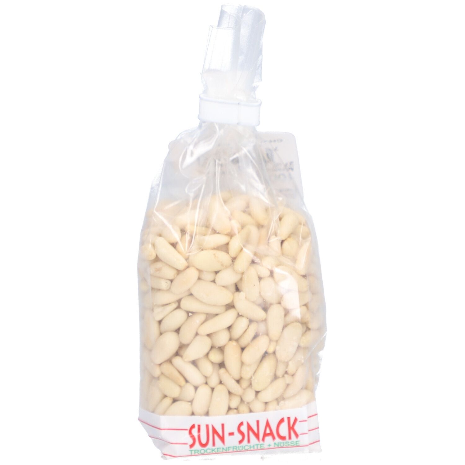 Sachet transparent de pignons de pin. Logo SUN SNACK et texte. Nom du produit: Pignons blancs. Noix visibles.