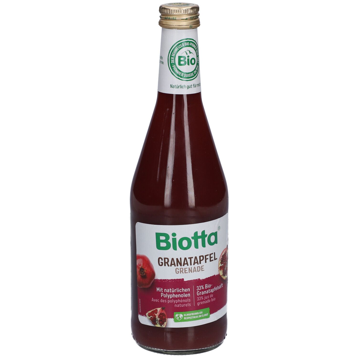 Glasflasche mit rotem Saft. Aufschrift: BIOTTA Granatapfel, Bio-Siegel. Abbildung von Granatapfel.