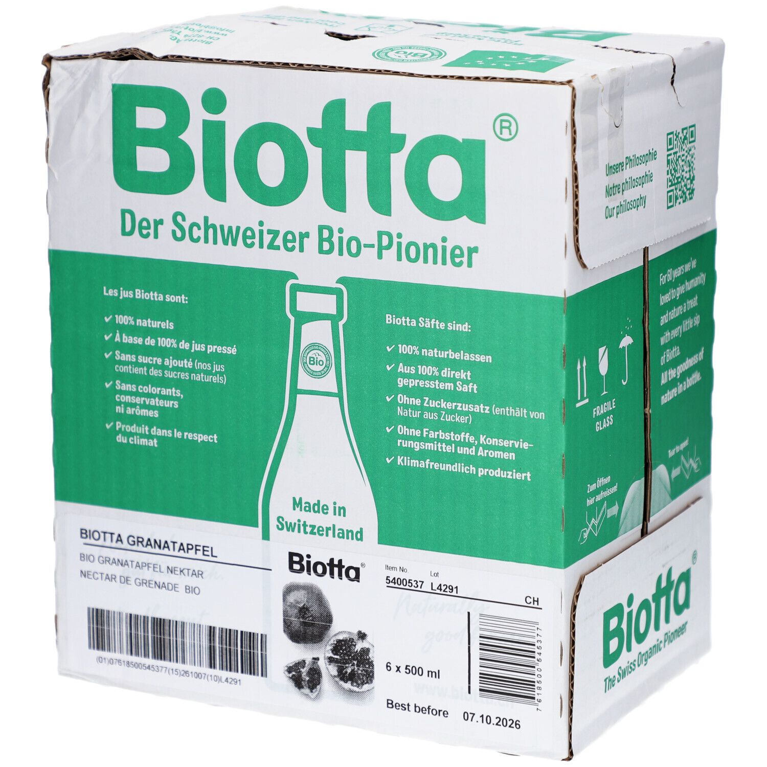 Karton BIOTTA Granatapfel Bio. 6 Flaschen, 500 ml. Produktinformationen und Logo. Haltbarkeit bis 07.10.2026.